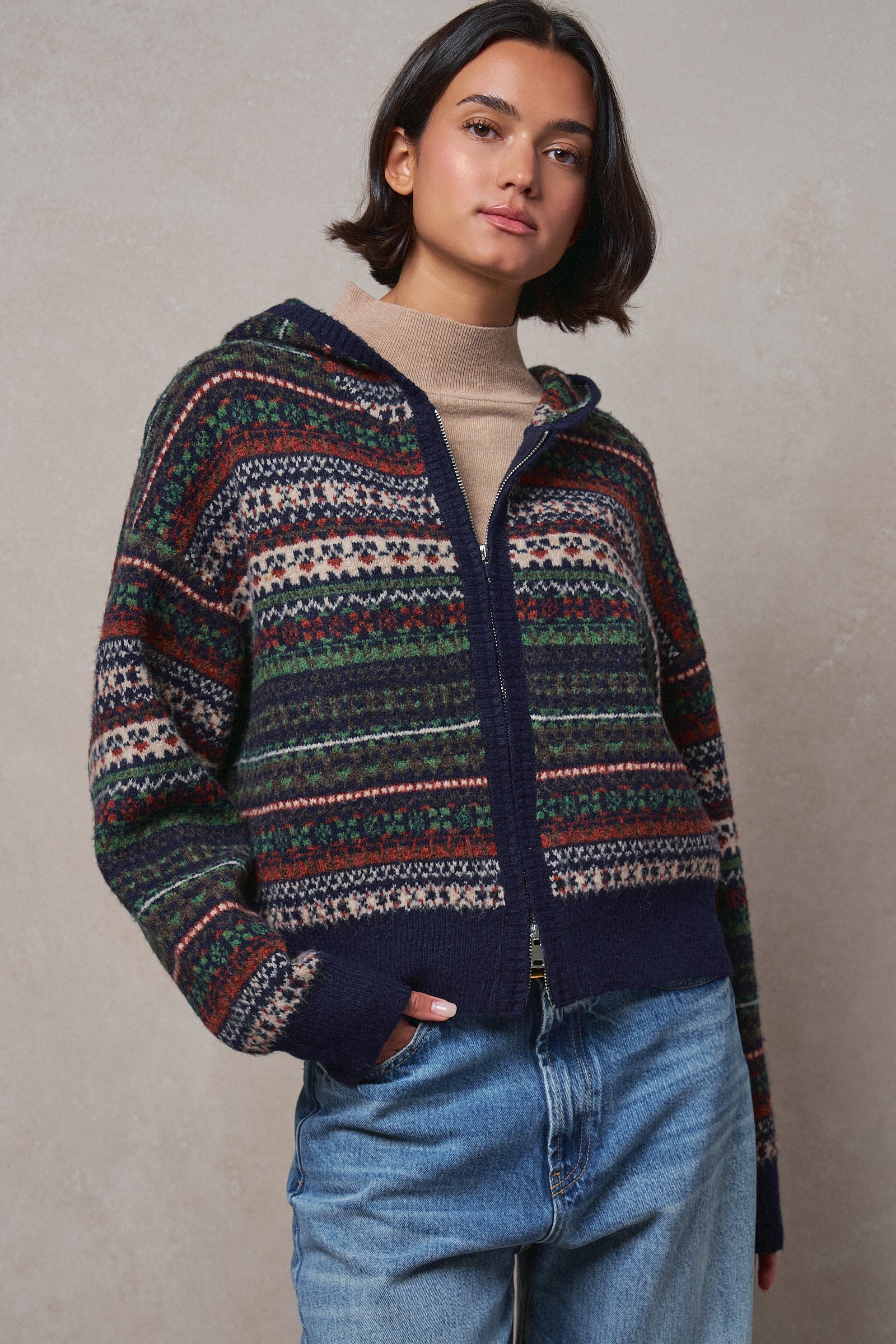 Fair Isle Hooded Zip Cardigan in NAVY - Women's SWEATERS | Urban Daizy
