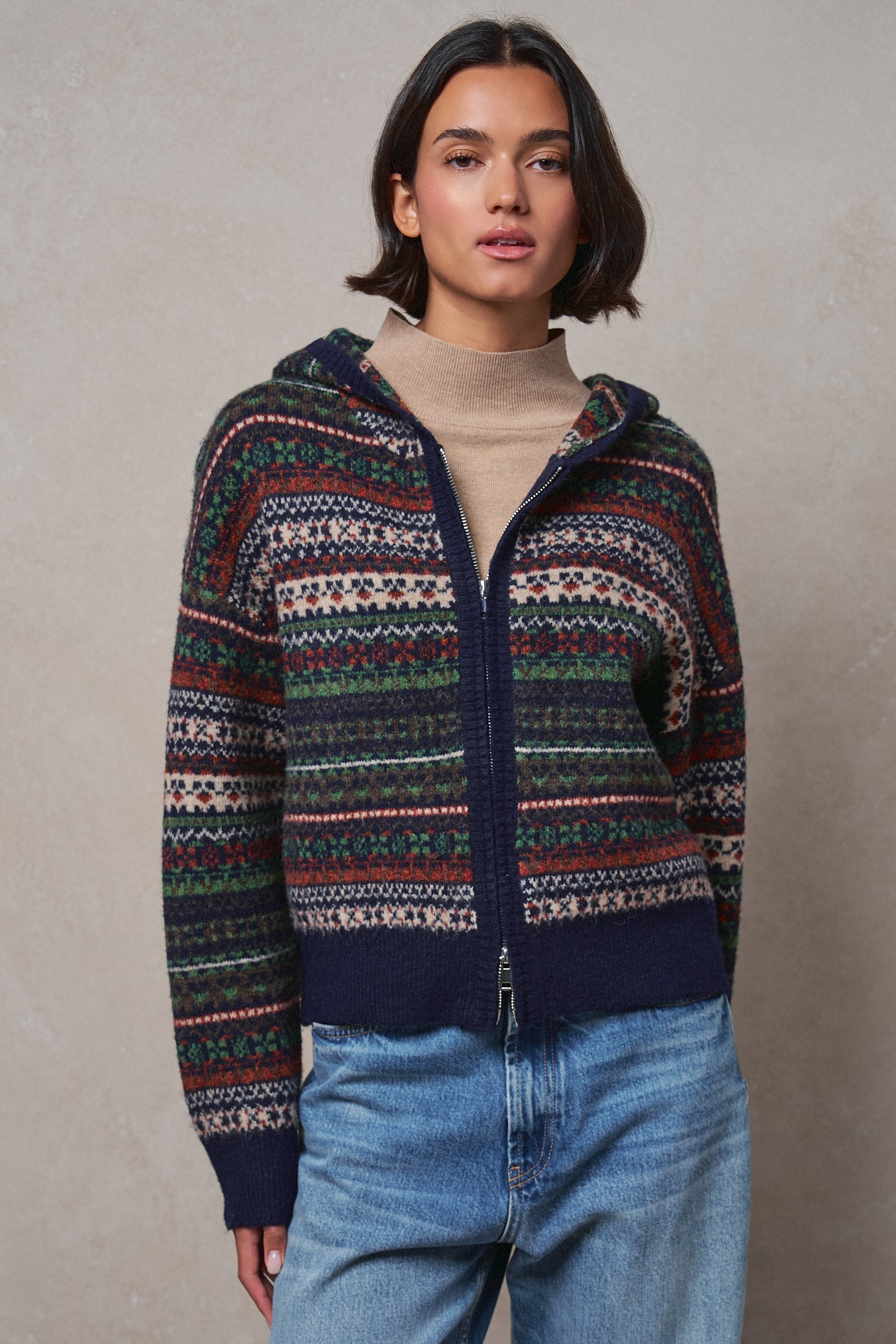 Fair Isle Hooded Zip Cardigan in NAVY - Women's SWEATERS | Urban Daizy
