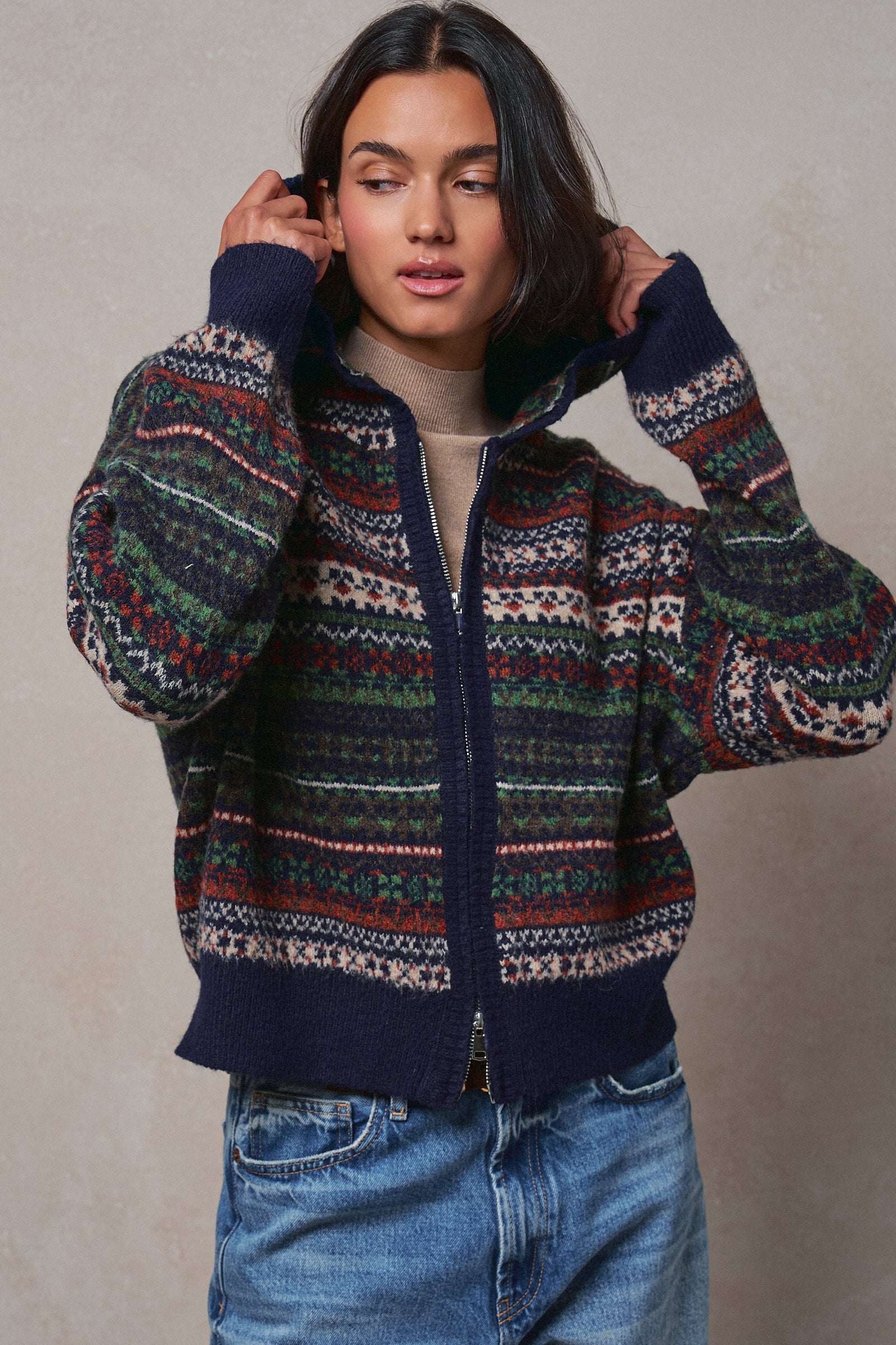 Fair Isle Hooded Zip Cardigan in NAVY - Women's SWEATERS | Urban Daizy