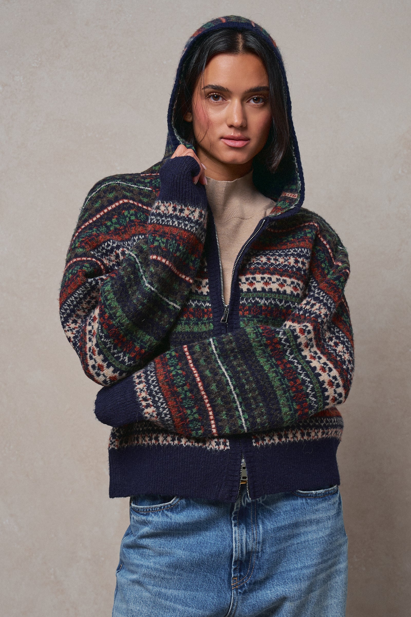 Fair Isle Hooded Zip Cardigan in NAVY - Women's SWEATERS | Urban Daizy