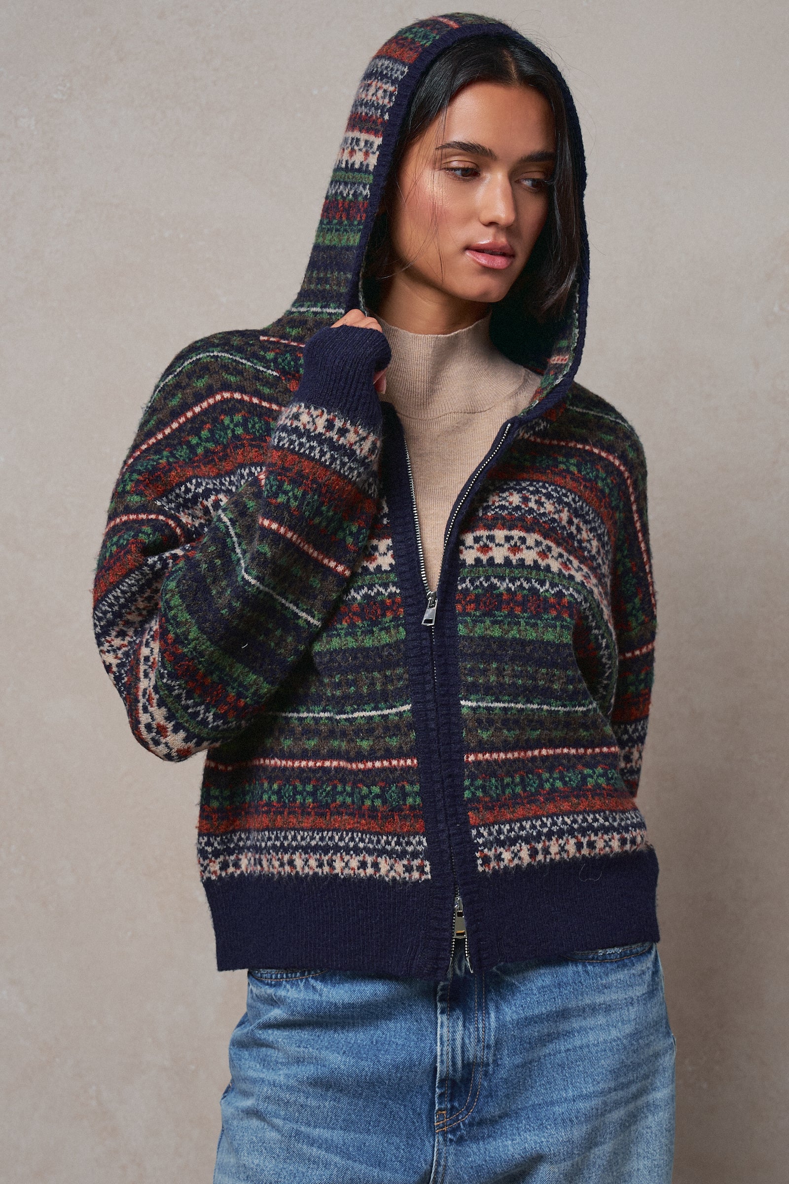 Fair Isle Hooded Zip Cardigan in NAVY - Women's SWEATERS | Urban Daizy