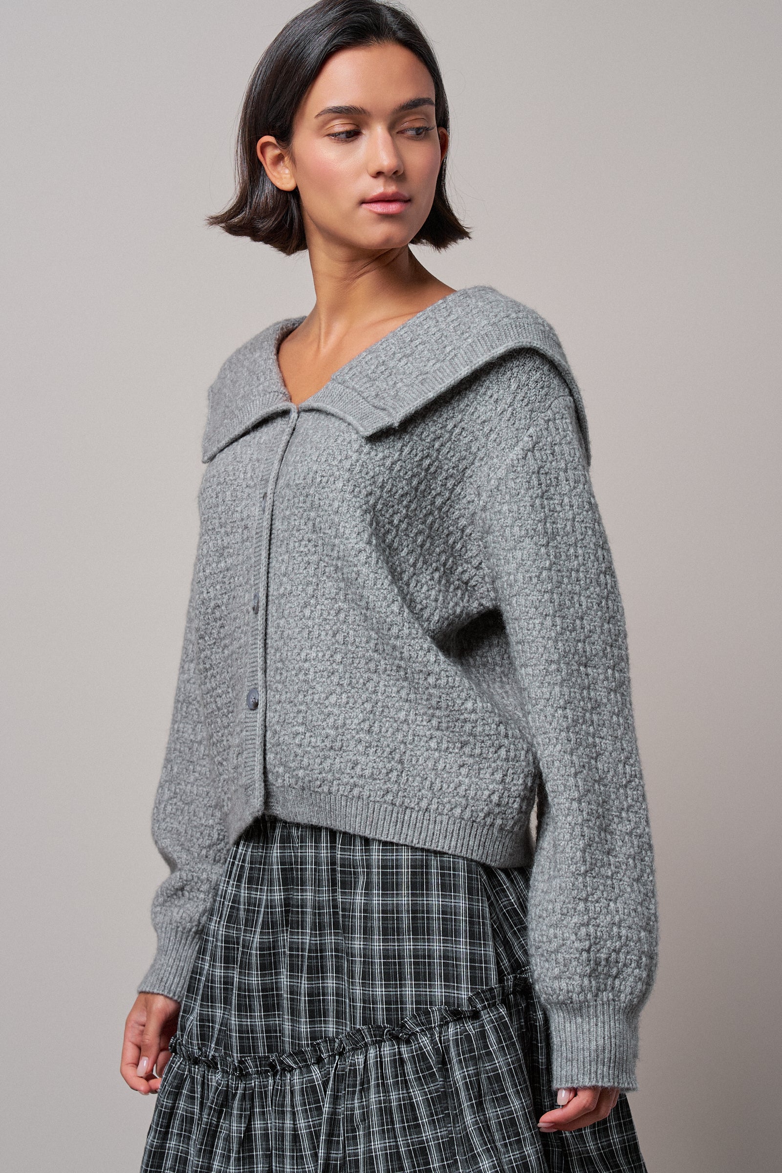 Statement Collar Snap Cardigan in GREY - Women's SWEATERS | Urban Daizy