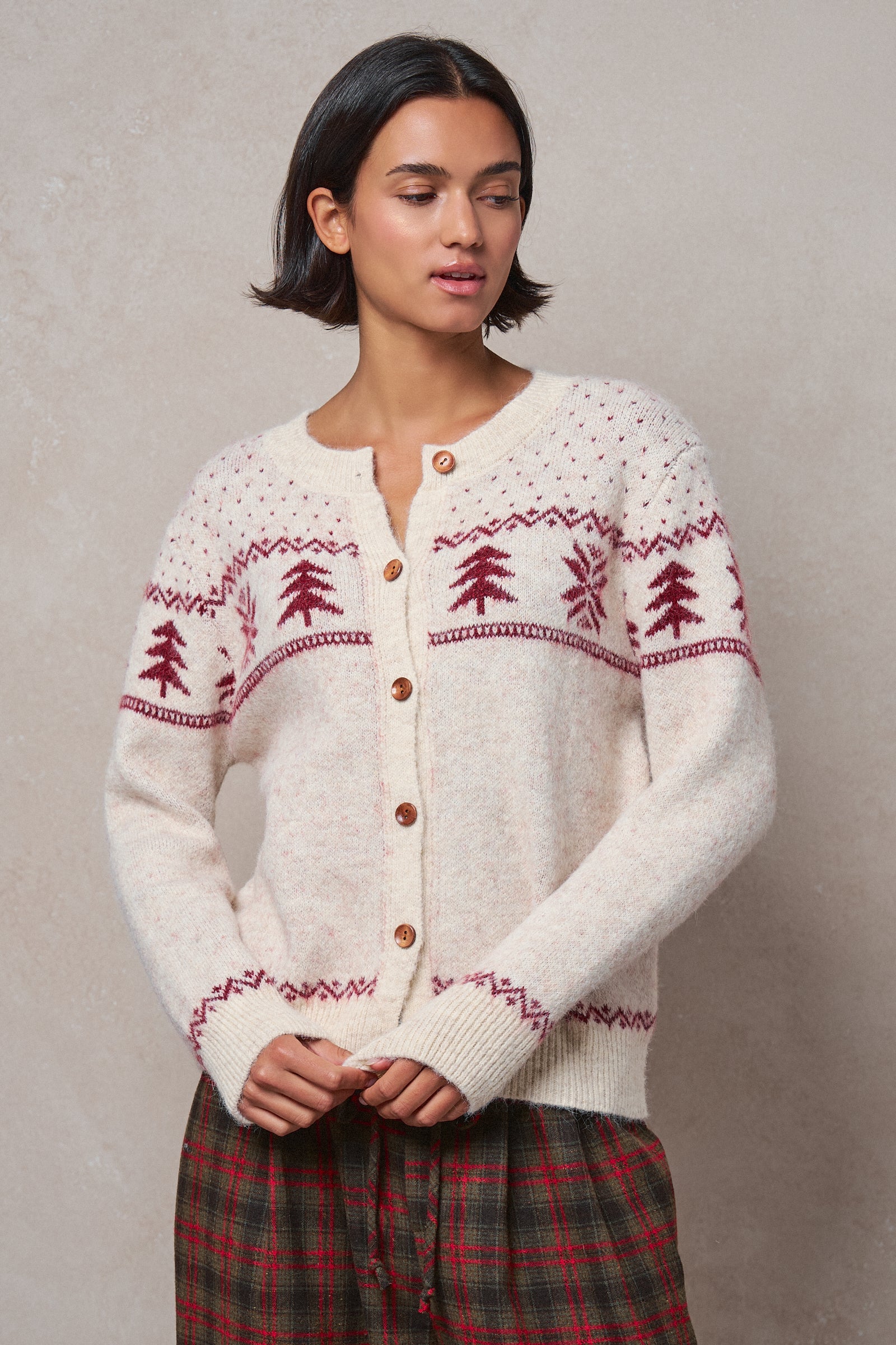 Pine Tree Border Knit Cardigan in IVORY - Women's SWEATERS | Urban Daizy