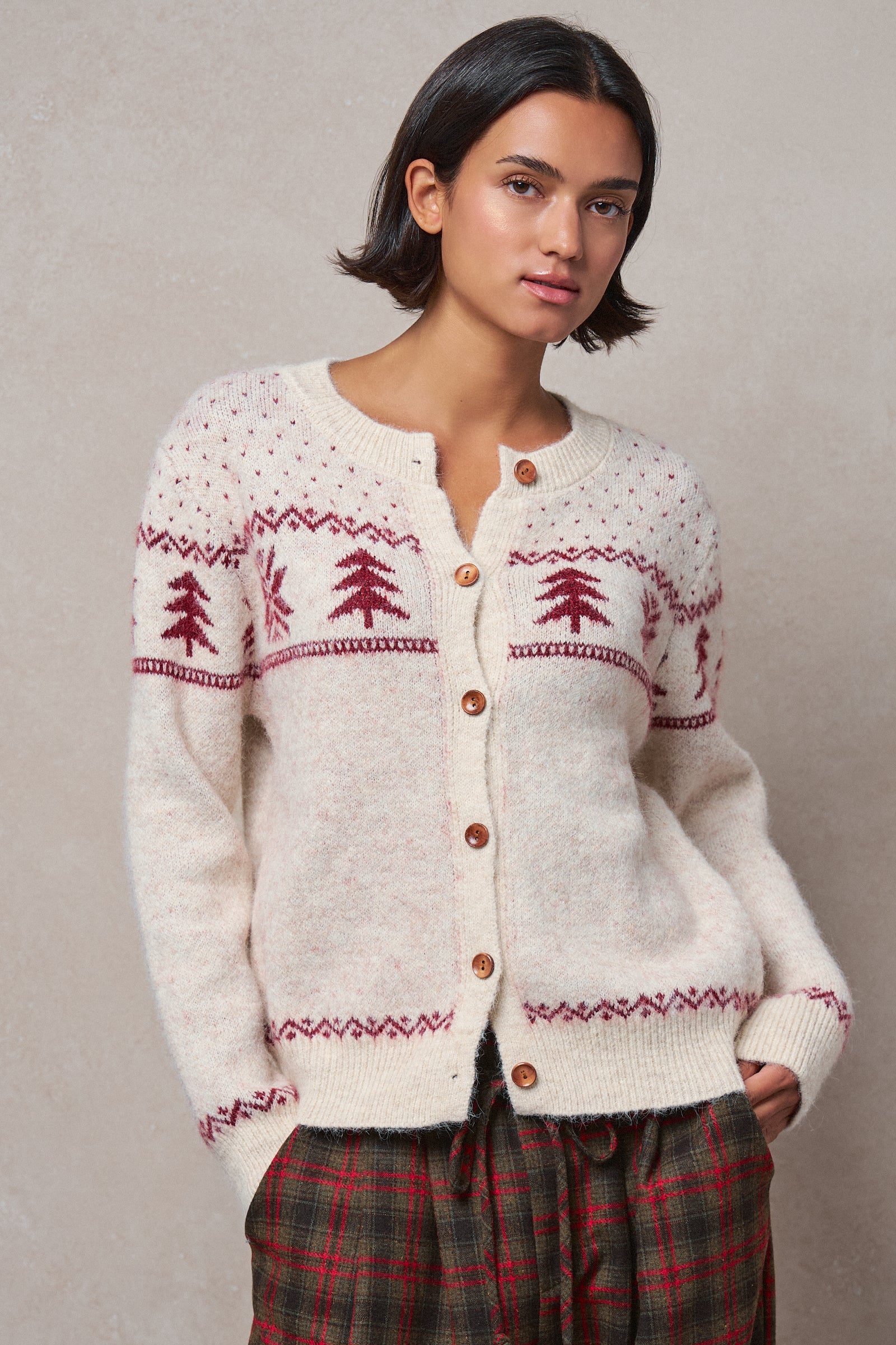 Pine Tree Border Knit Cardigan in IVORY - Women's SWEATERS | Urban Daizy