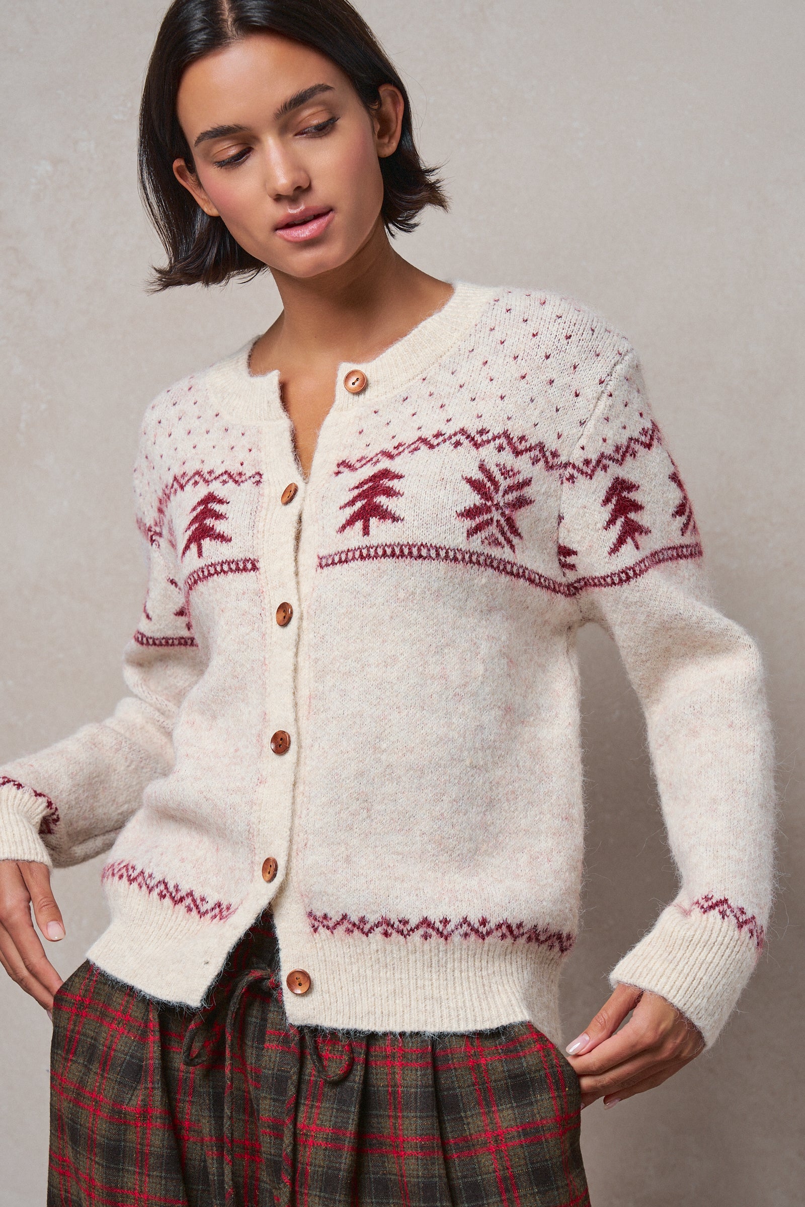 Pine Tree Border Knit Cardigan in IVORY - Women's SWEATERS | Urban Daizy