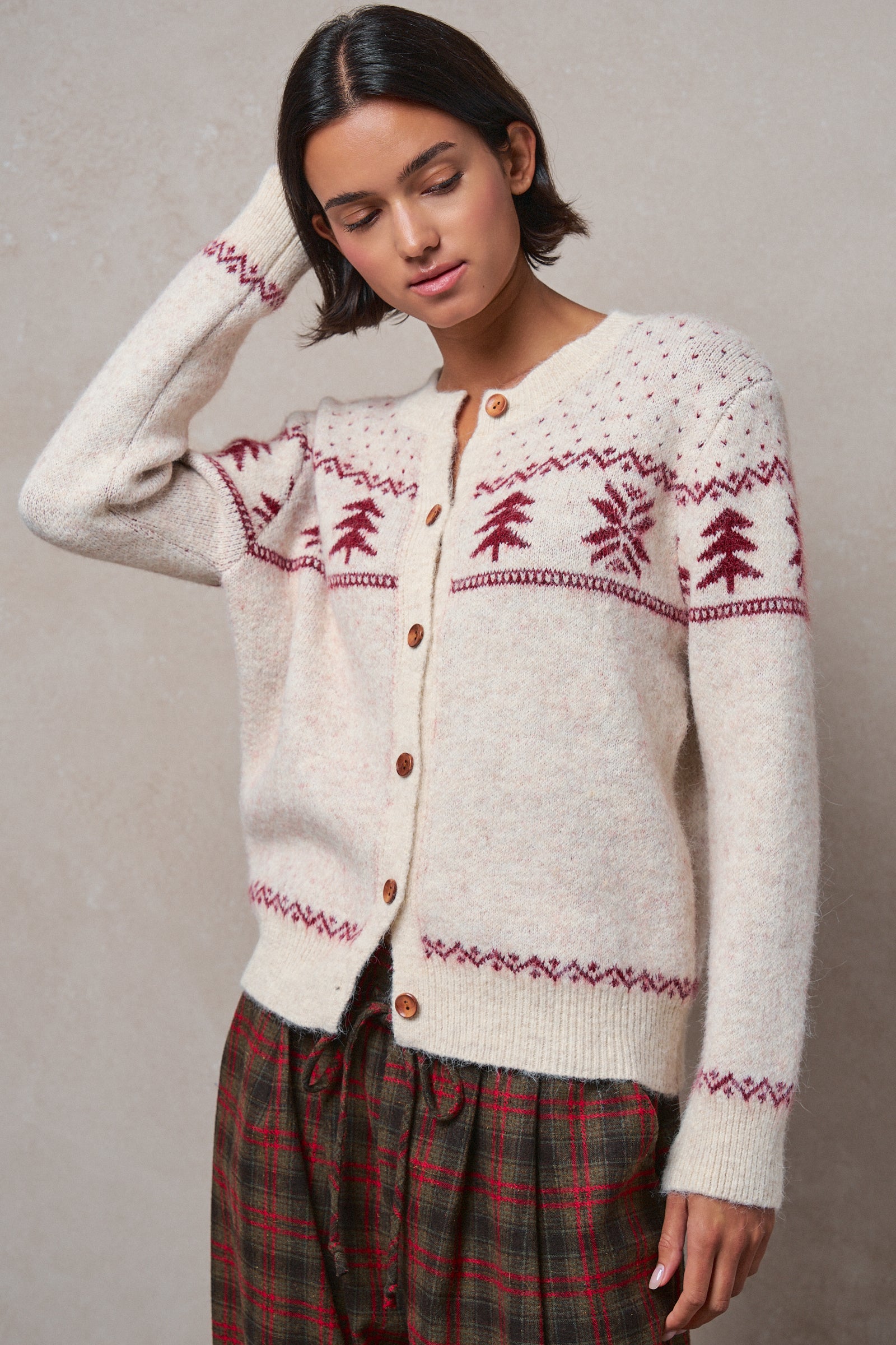Pine Tree Border Knit Cardigan in IVORY - Women's SWEATERS | Urban Daizy