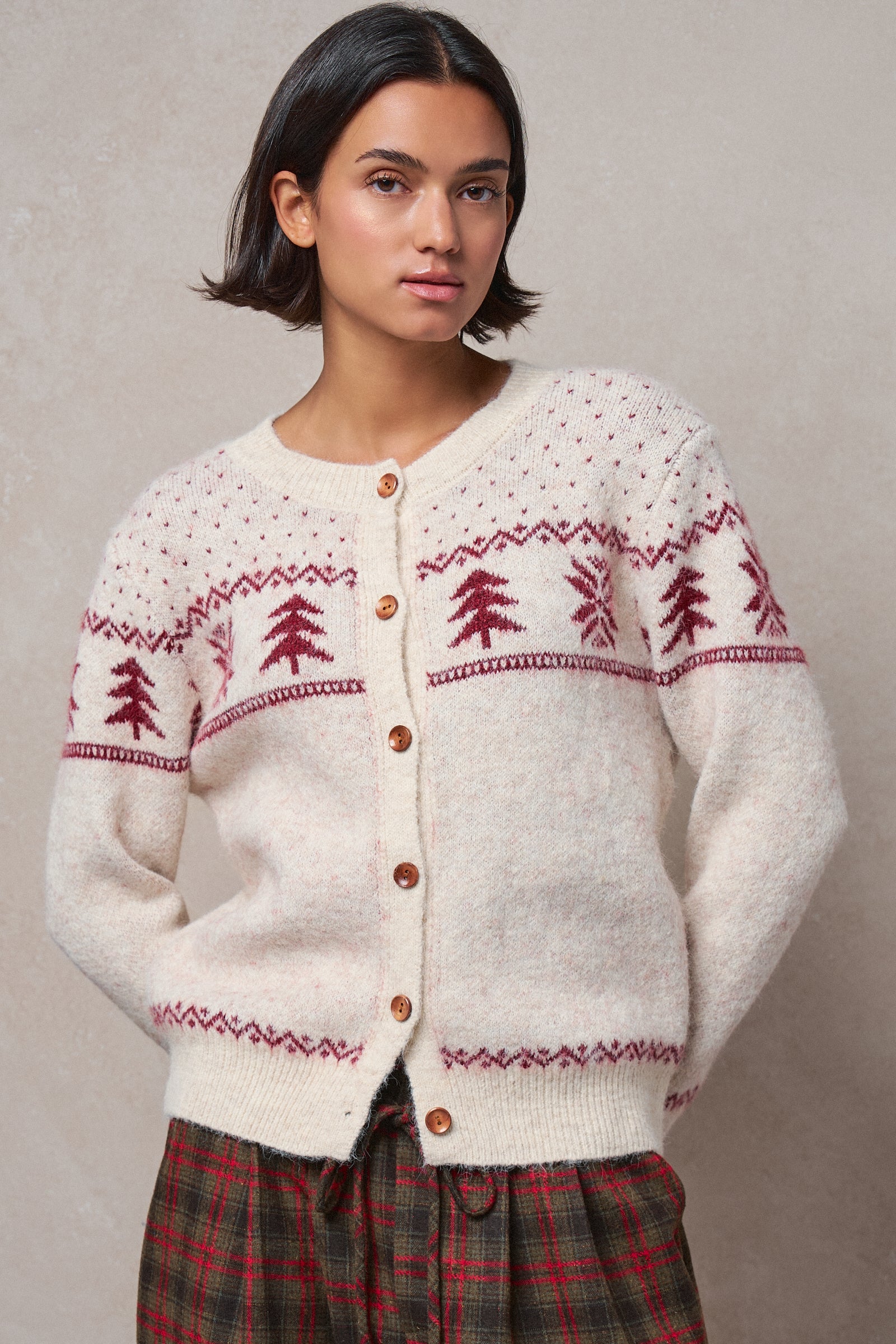 Pine Tree Border Knit Cardigan in IVORY - Women's SWEATERS | Urban Daizy
