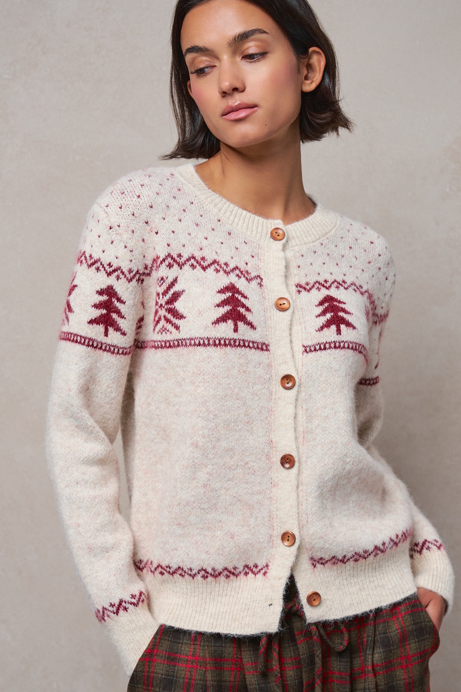 Pine Tree Border Knit Cardigan in IVORY - Women's SWEATERS | Urban Daizy