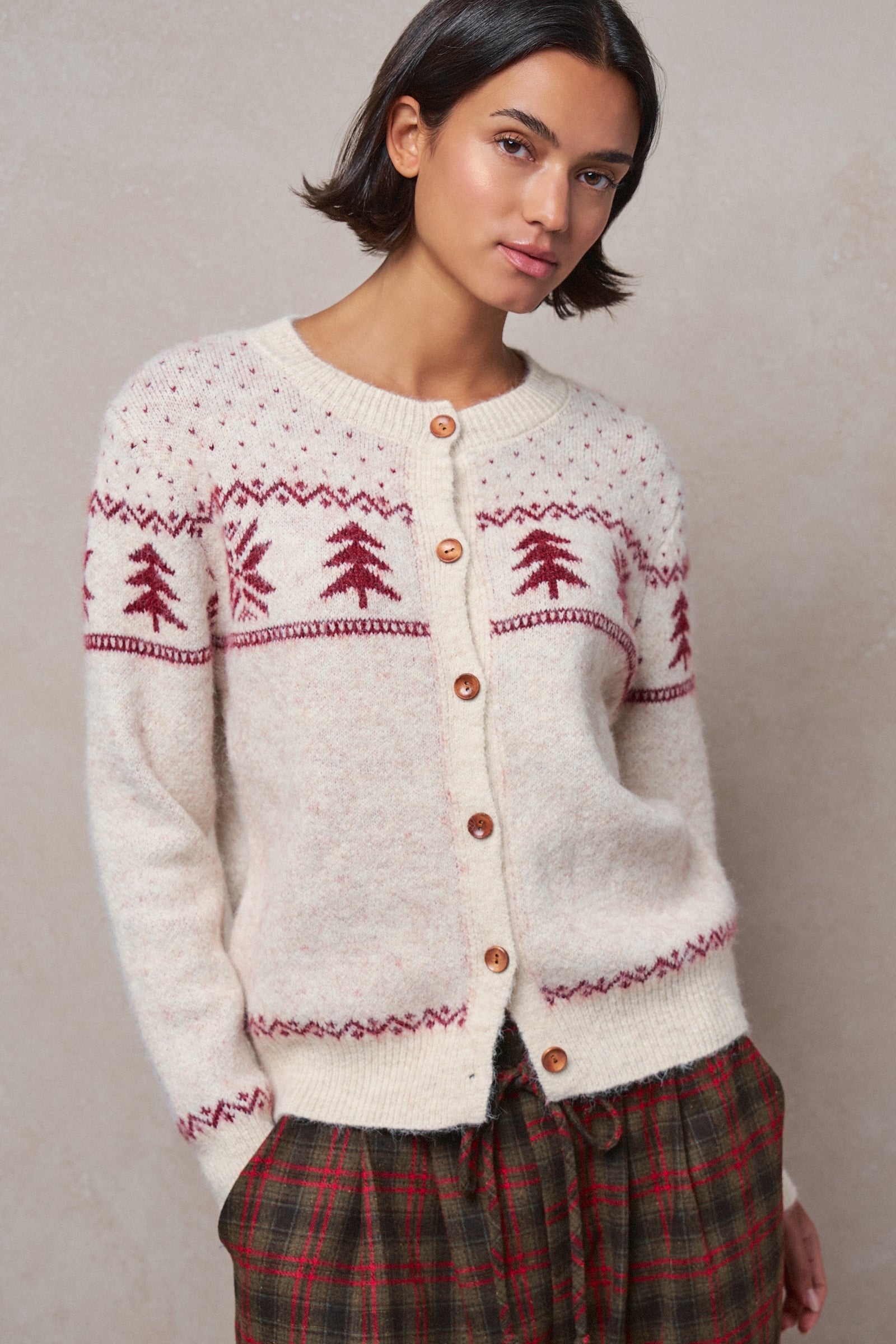 Pine Tree Border Knit Cardigan in IVORY - Women's SWEATERS | Urban Daizy