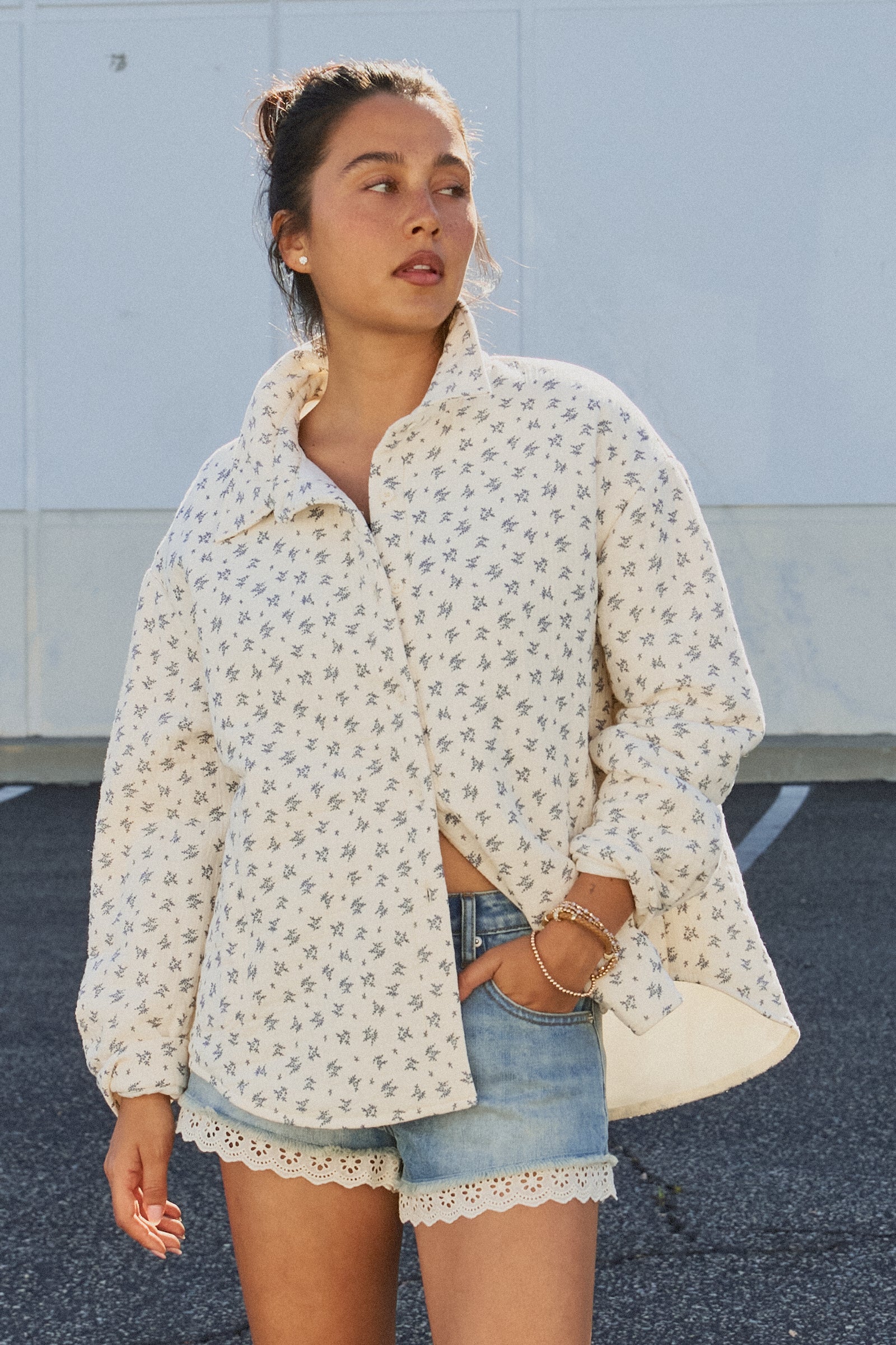 Floral Quilted Cotton Jacket With Collar in IVORY - Women's Jackets & Outerwear | Urban Daizy