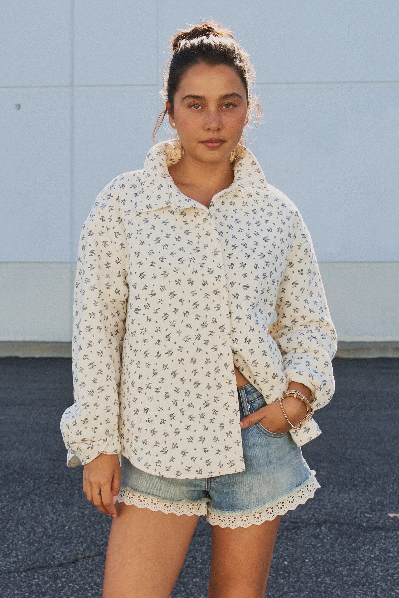 Floral Quilted Cotton Jacket With Collar in IVORY - Women's Jackets & Outerwear | Urban Daizy