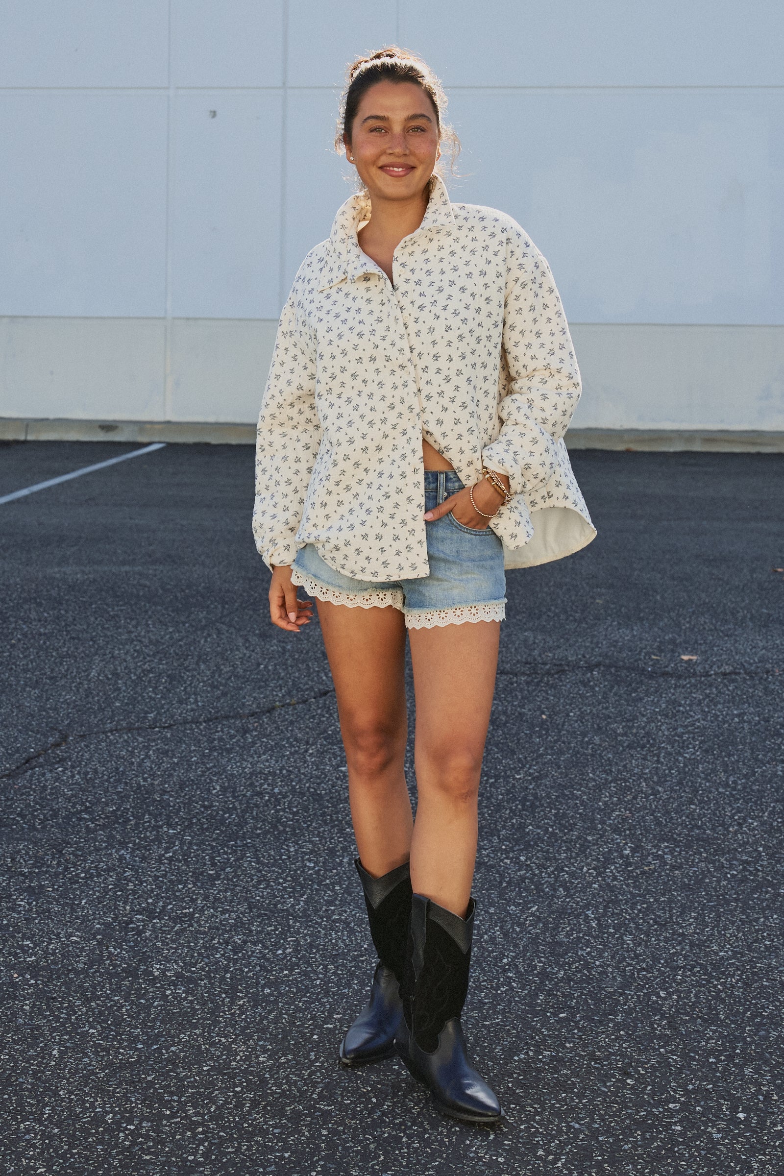 Floral Quilted Cotton Jacket With Collar in IVORY - Women's Jackets & Outerwear | Urban Daizy