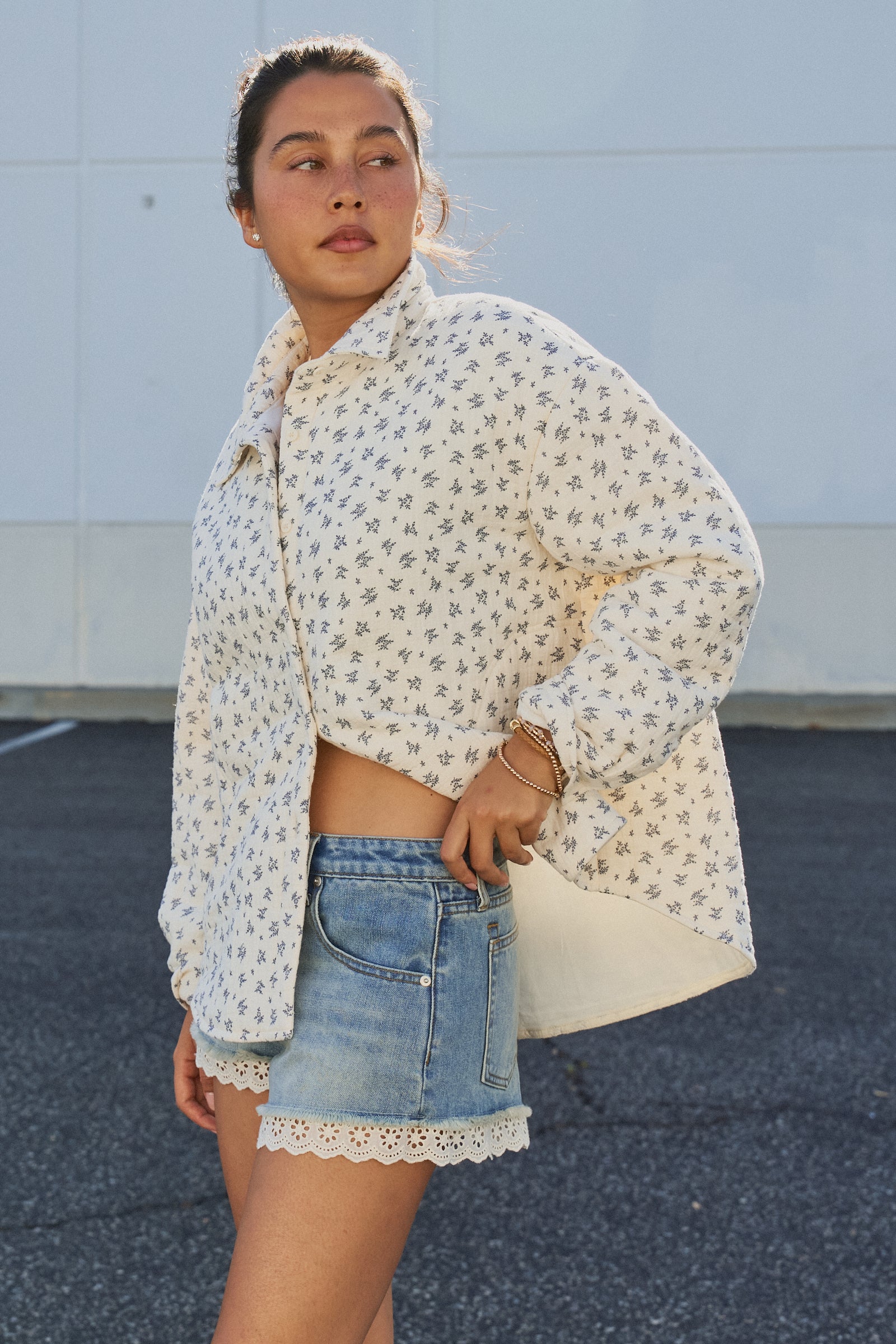 Floral Quilted Cotton Jacket With Collar in IVORY - Women's Jackets & Outerwear | Urban Daizy