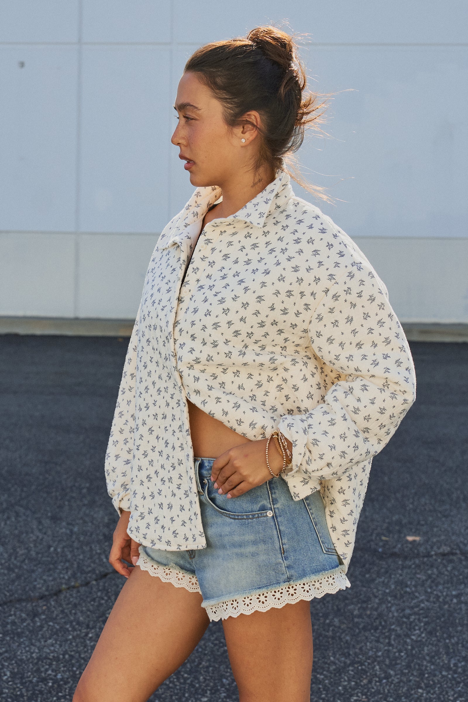 Floral Quilted Cotton Jacket With Collar in IVORY - Women's Jackets & Outerwear | Urban Daizy