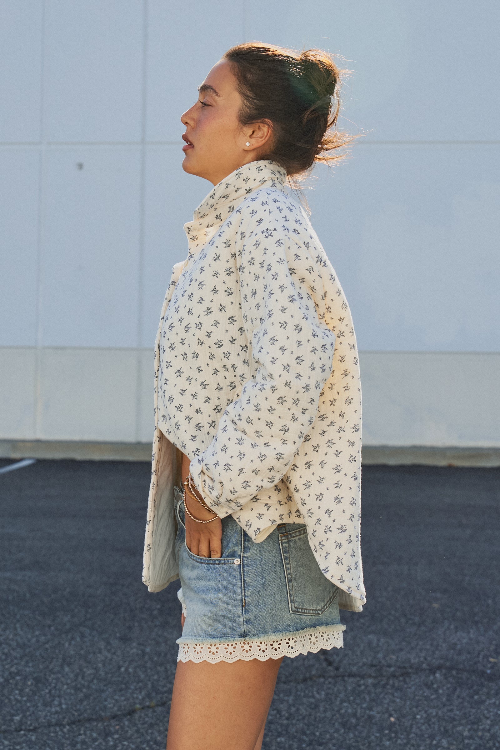 Floral Quilted Cotton Jacket With Collar in IVORY - Women's Jackets & Outerwear | Urban Daizy