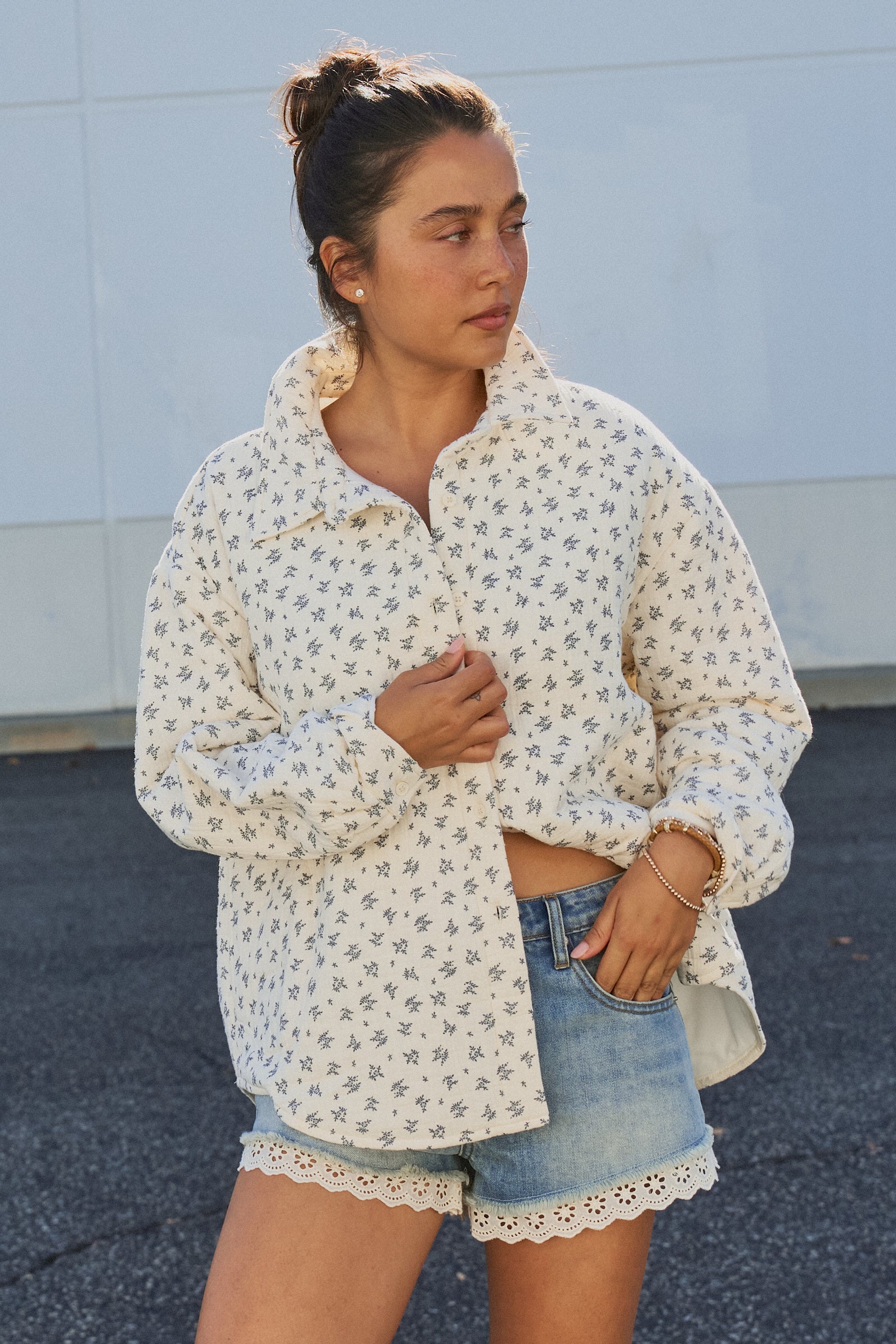 Floral Quilted Cotton Jacket With Collar in IVORY - Women's Jackets & Outerwear | Urban Daizy