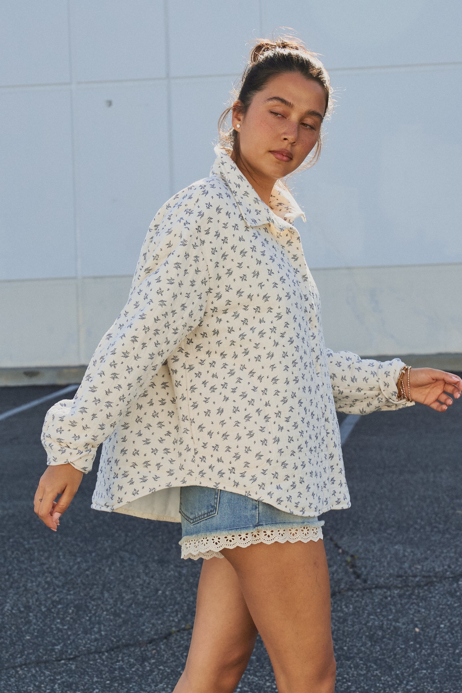 Floral Quilted Cotton Jacket With Collar in IVORY - Women's Jackets & Outerwear | Urban Daizy