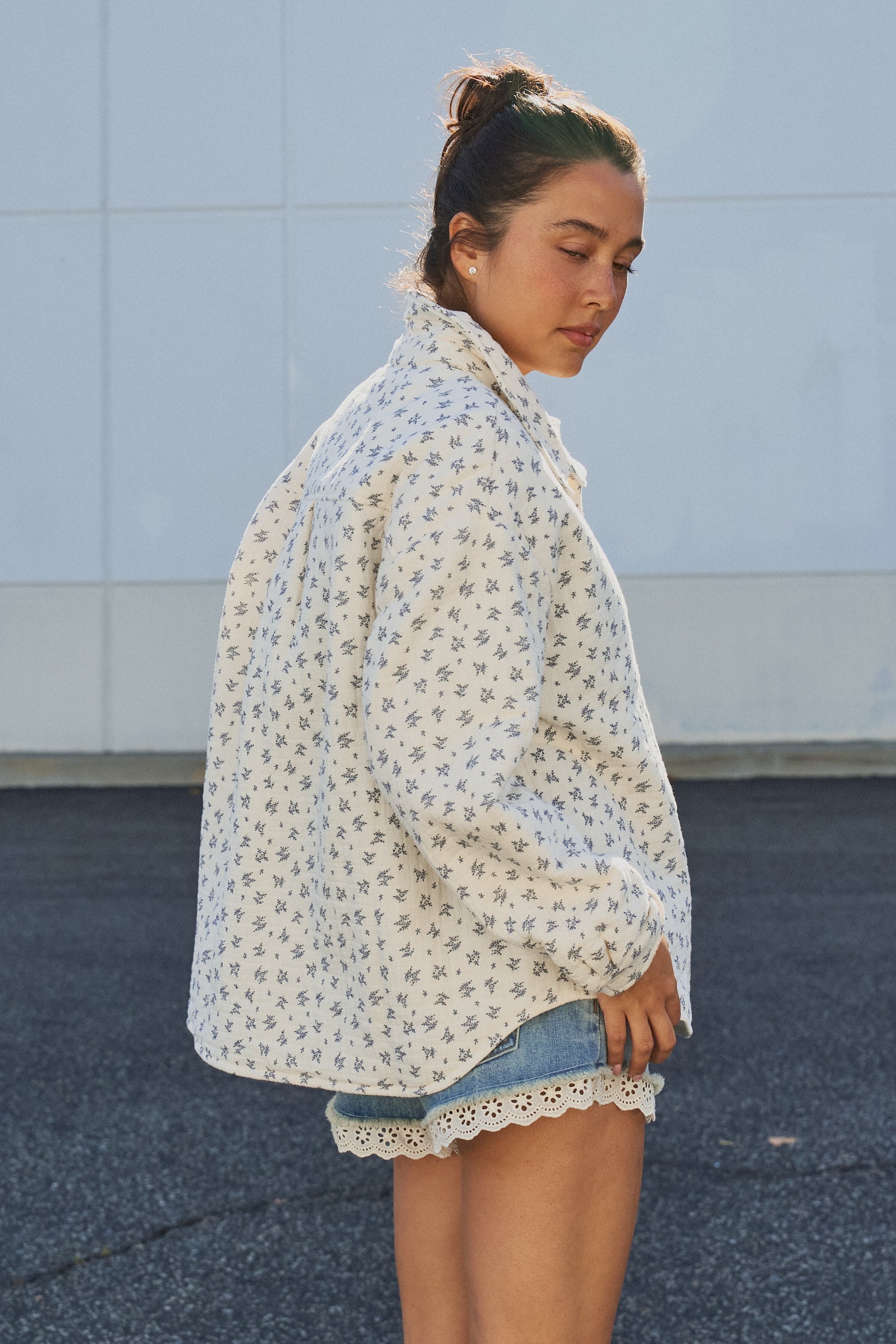 Floral Quilted Cotton Jacket With Collar in IVORY - Women's Jackets & Outerwear | Urban Daizy