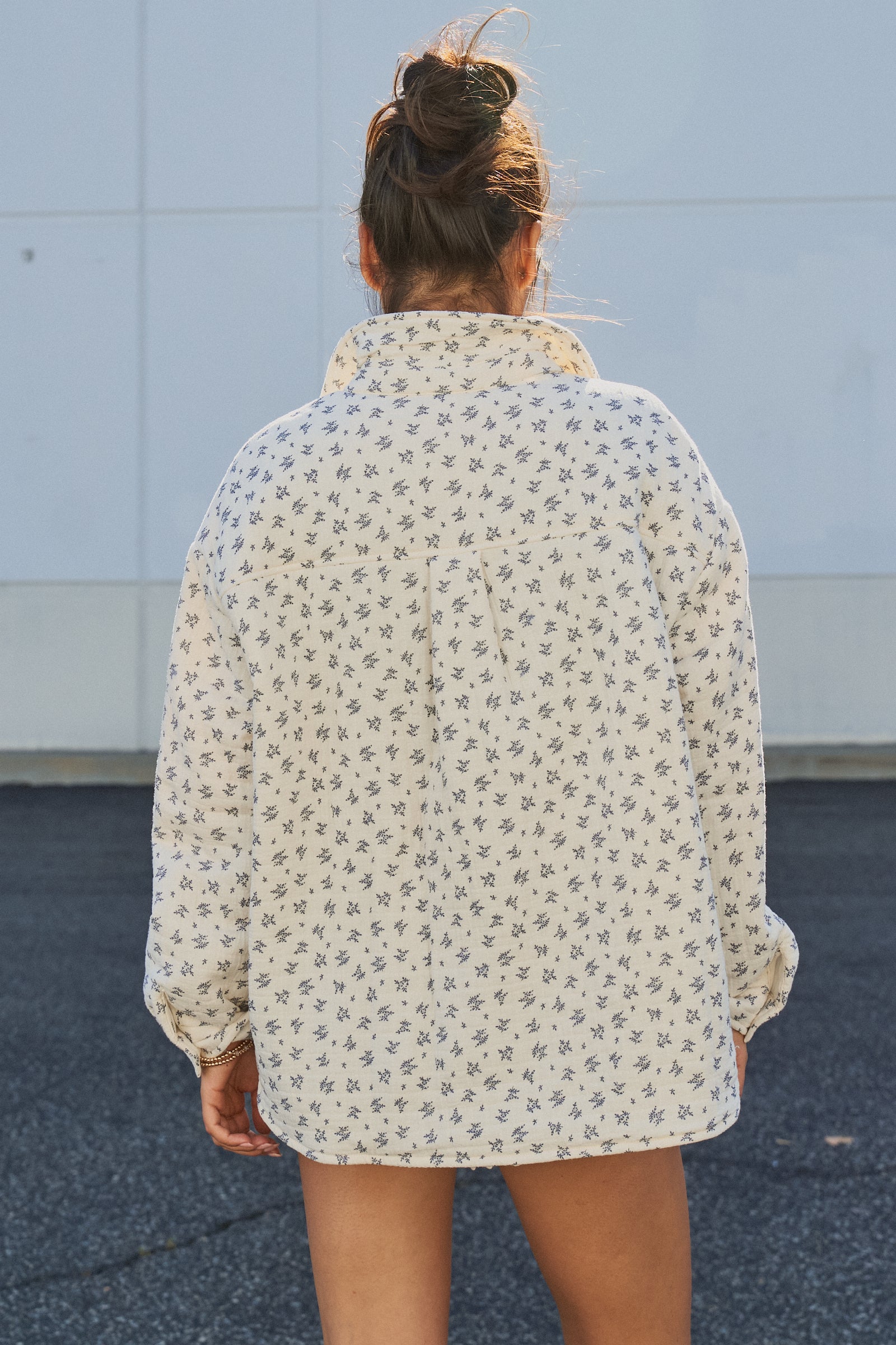 Floral Quilted Cotton Jacket With Collar in IVORY - Women's Jackets & Outerwear | Urban Daizy
