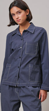  Button-Down Shirt Jacket with Contrast Stitch in NAVY - Women's Jackets & Outerwear | Urban Daizy