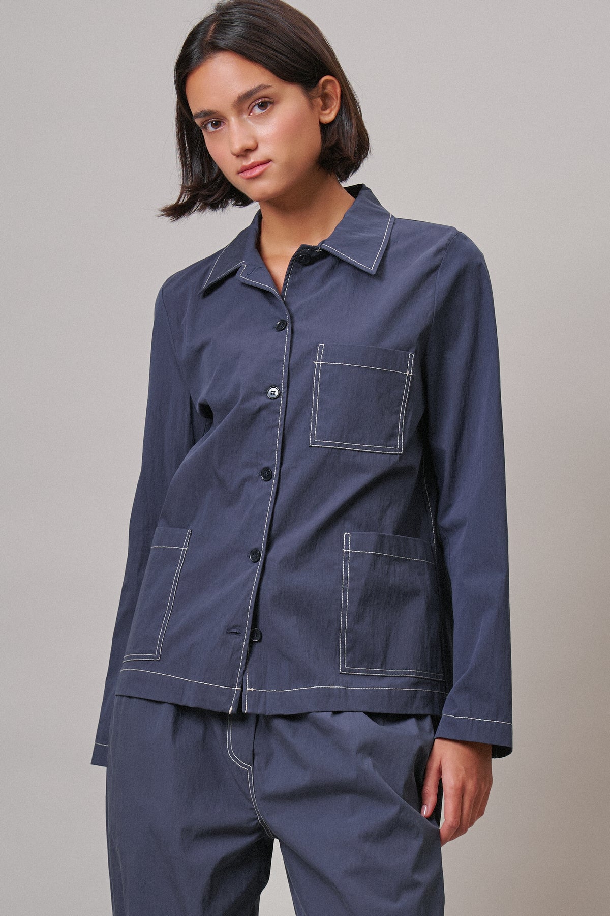  Button-Down Shirt Jacket with Contrast Stitch in NAVY - Women's Jackets & Outerwear | Urban Daizy