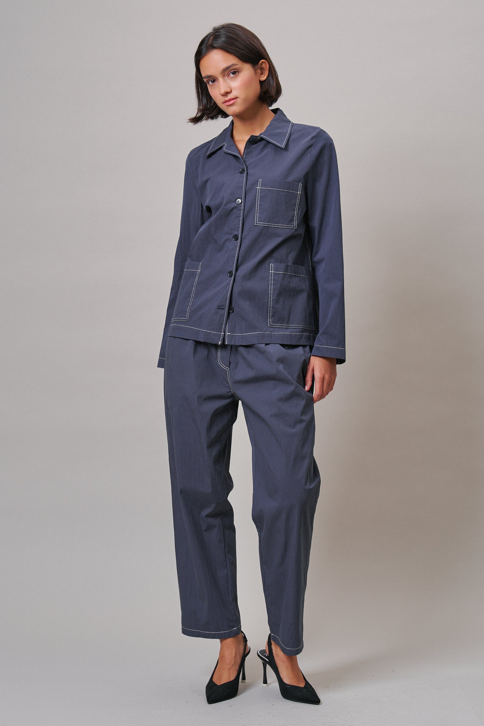  Button-Down Shirt Jacket with Contrast Stitch in NAVY - Women's Jackets & Outerwear | Urban Daizy