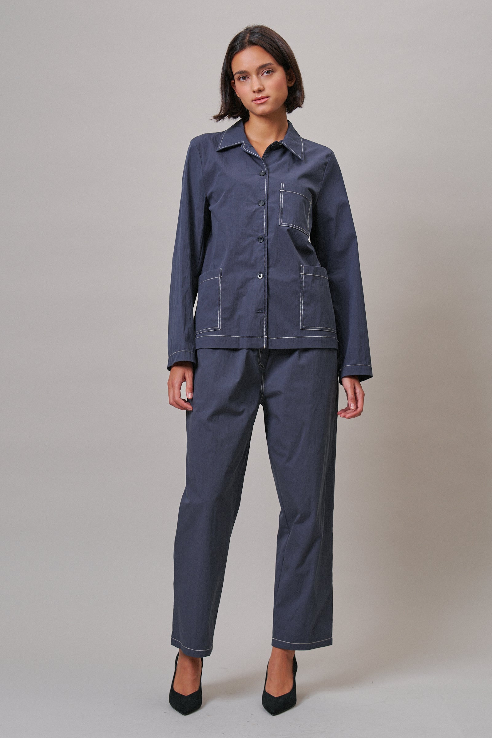  Button-Down Shirt Jacket with Contrast Stitch in NAVY - Women's Jackets & Outerwear | Urban Daizy