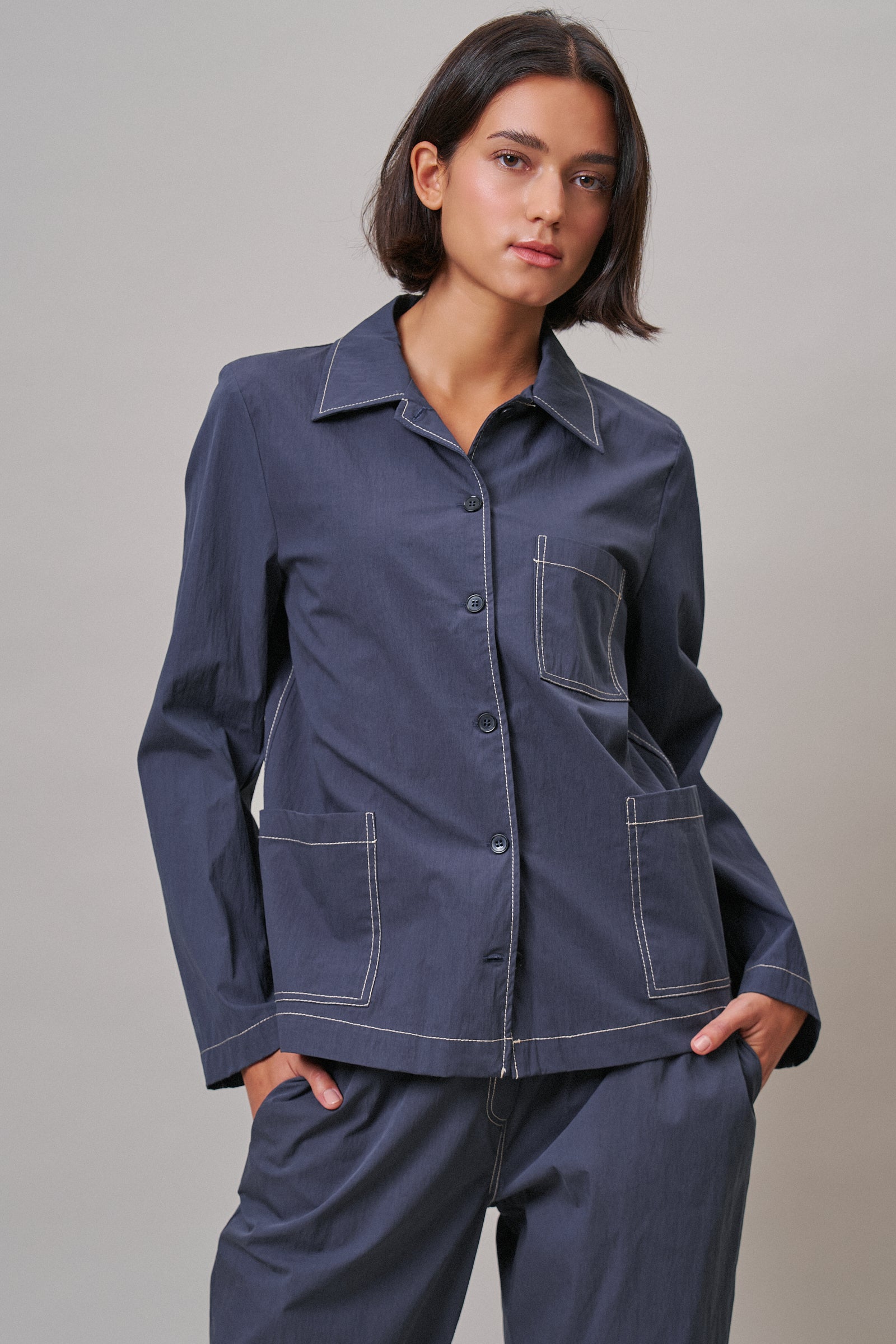  Button-Down Shirt Jacket with Contrast Stitch in NAVY - Women's Jackets & Outerwear | Urban Daizy
