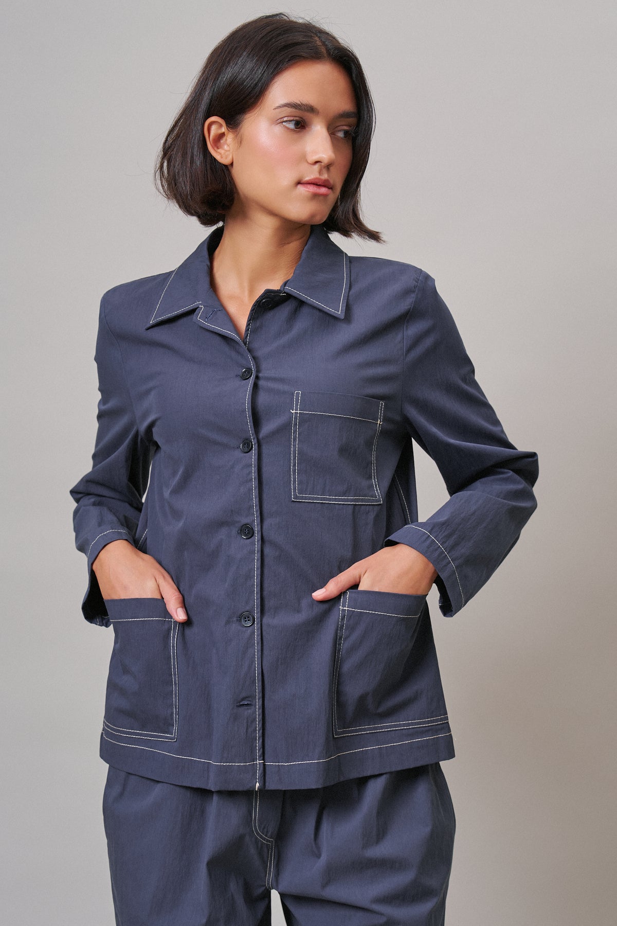  Button-Down Shirt Jacket with Contrast Stitch in NAVY - Women's Jackets & Outerwear | Urban Daizy