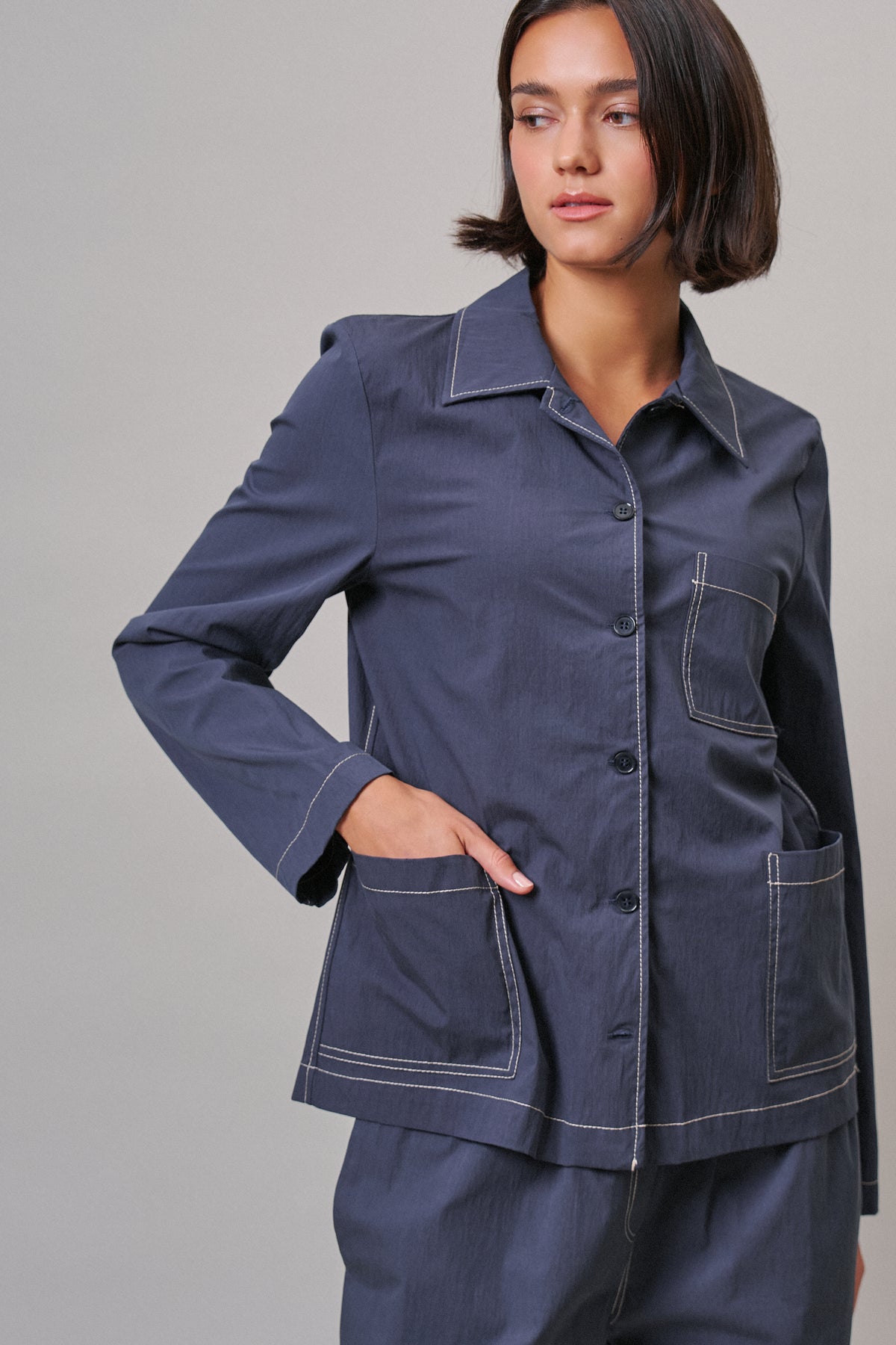  Button-Down Shirt Jacket with Contrast Stitch in NAVY - Women's Jackets & Outerwear | Urban Daizy