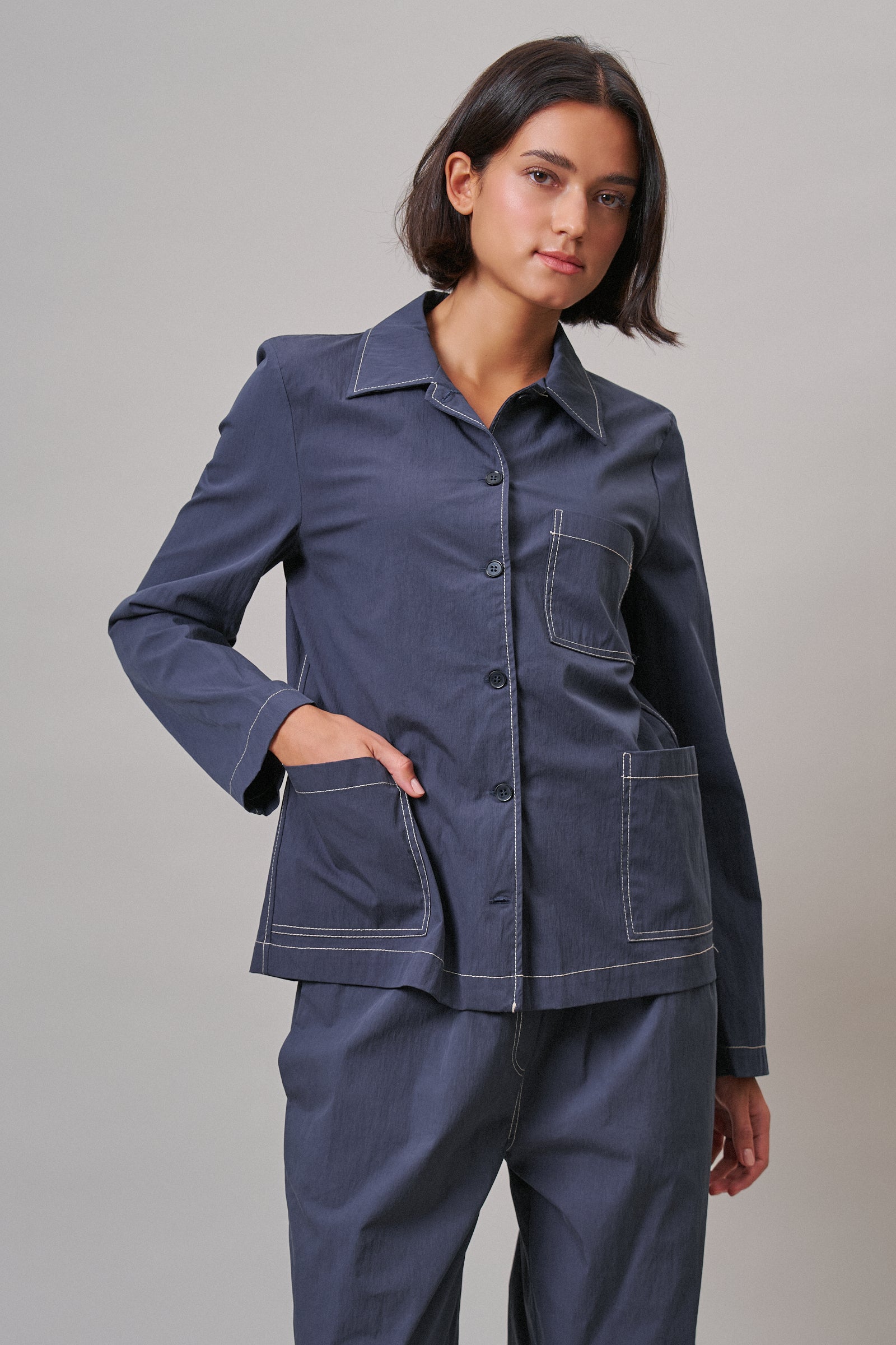  Button-Down Shirt Jacket with Contrast Stitch in NAVY - Women's Jackets & Outerwear | Urban Daizy