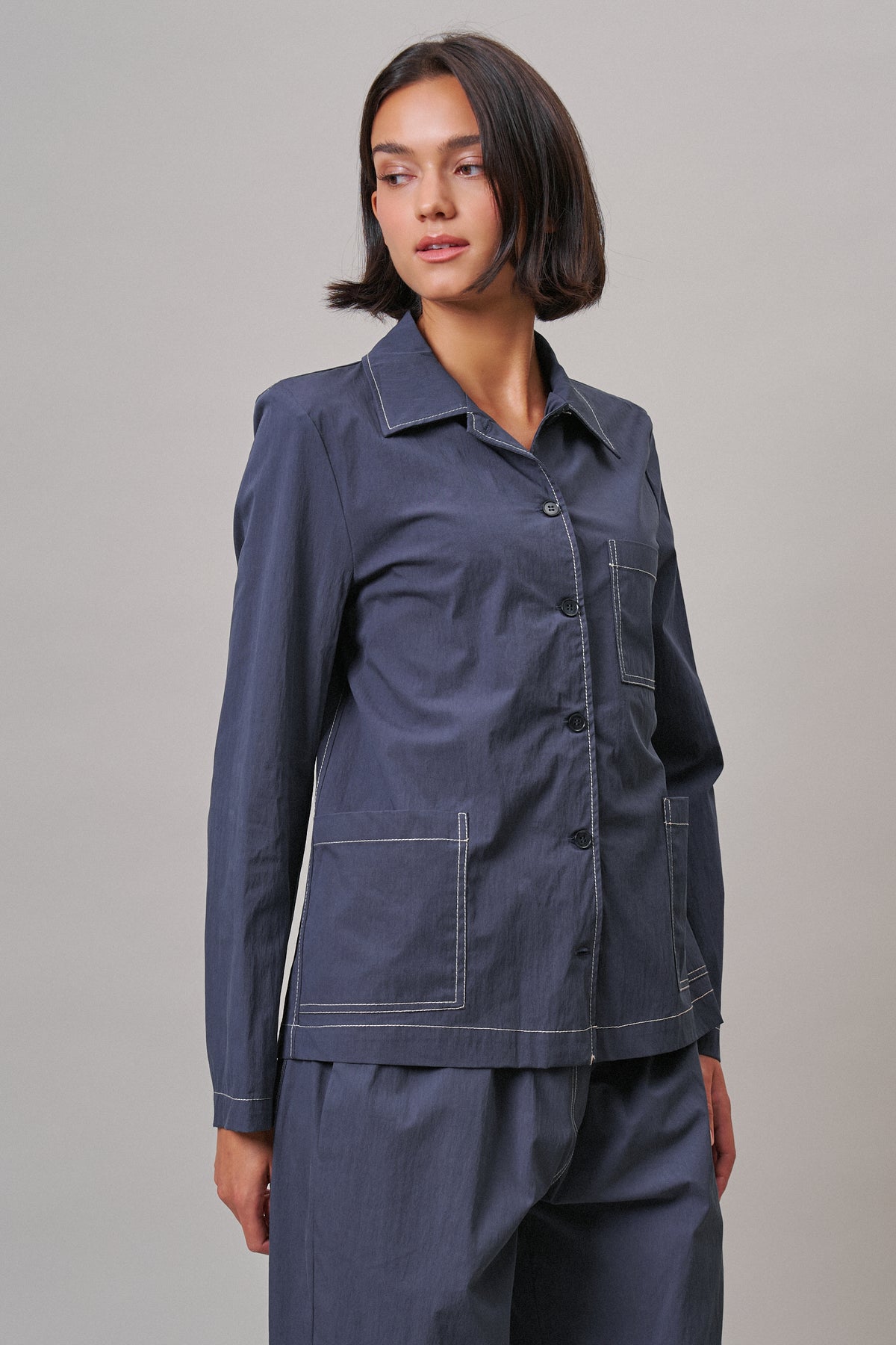  Button-Down Shirt Jacket with Contrast Stitch in NAVY - Women's Jackets & Outerwear | Urban Daizy