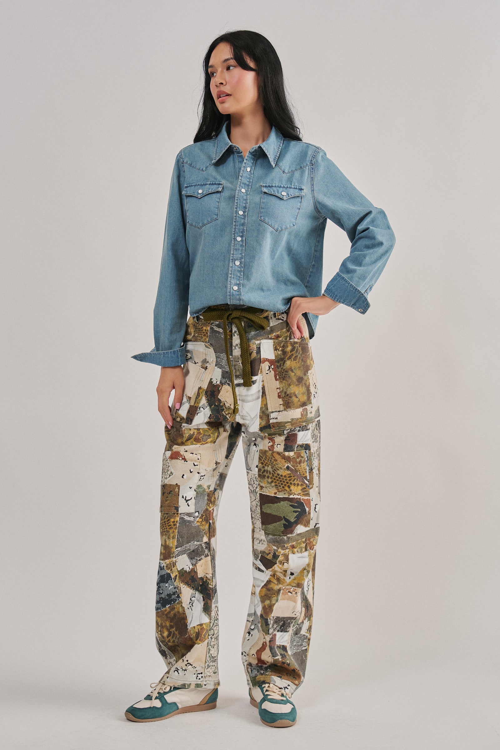 Patchwork Camo Wide Leg Cargo Pants in MULTI - Women's Pants | Urban Daizy