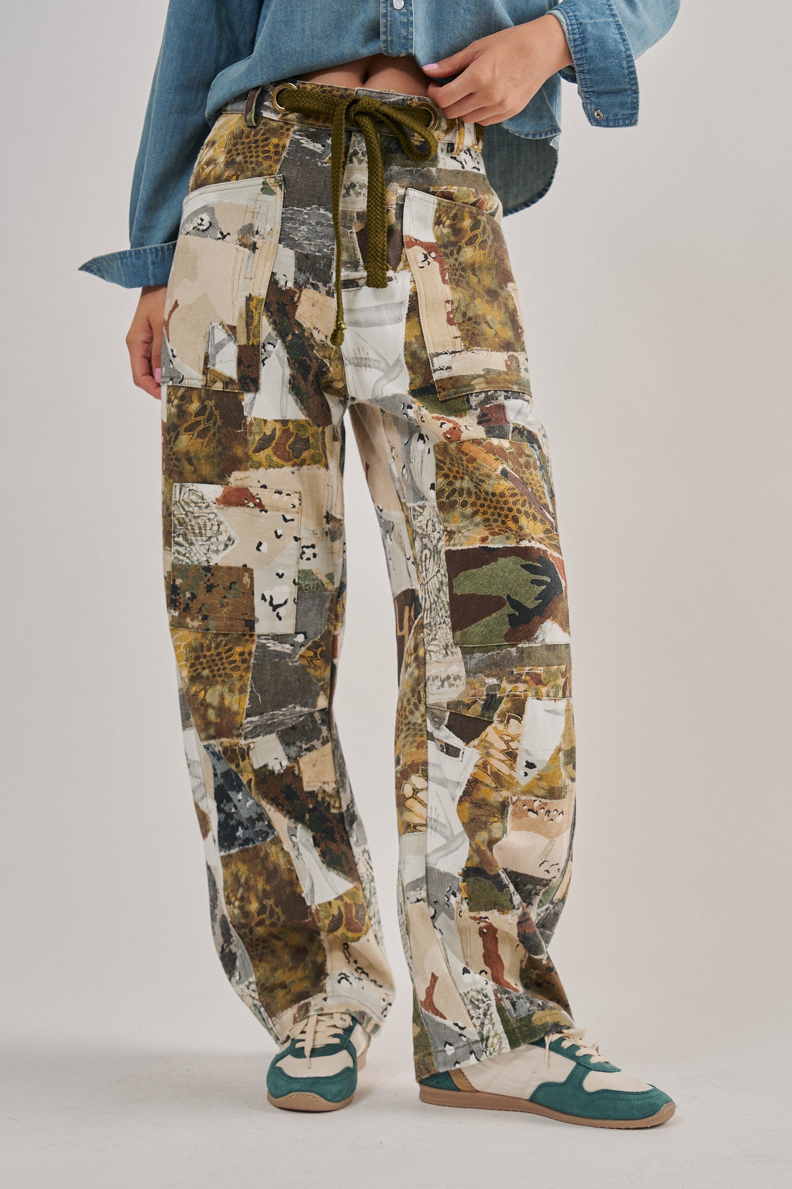 Patchwork Camo Wide Leg Cargo Pants in MULTI - Women's Pants | Urban Daizy