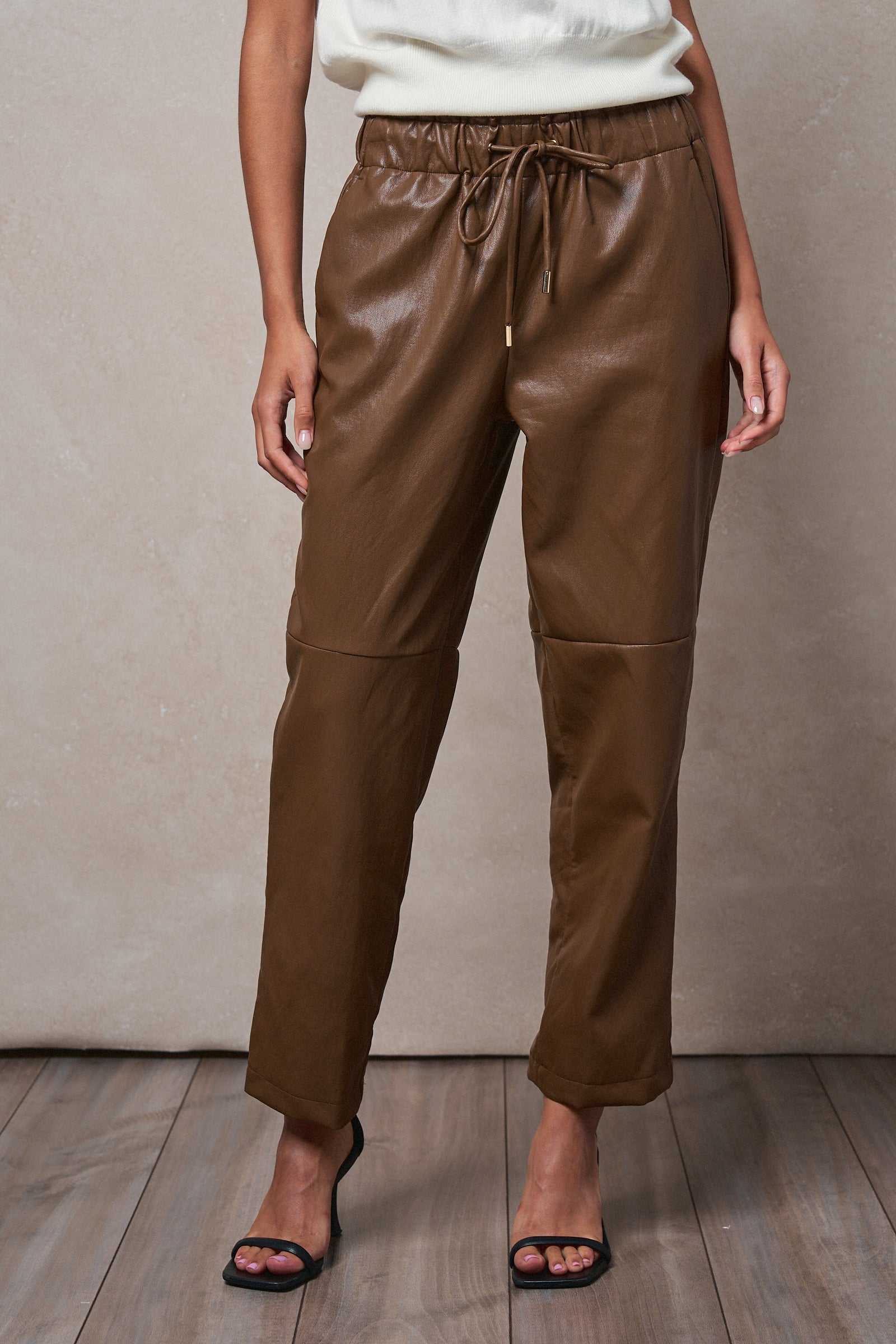 Faux Leather Drawstring Tapered Jogger Pant in CAMEL - Women's Pants | Urban Daizy