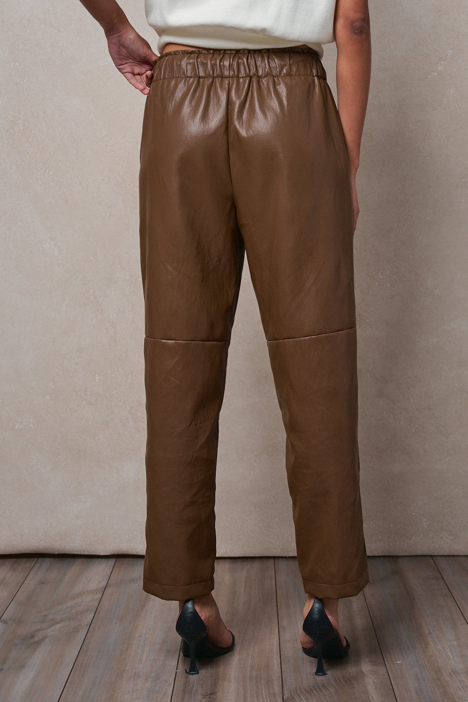 Faux Leather Drawstring Tapered Jogger Pant in CAMEL - Women's Pants | Urban Daizy