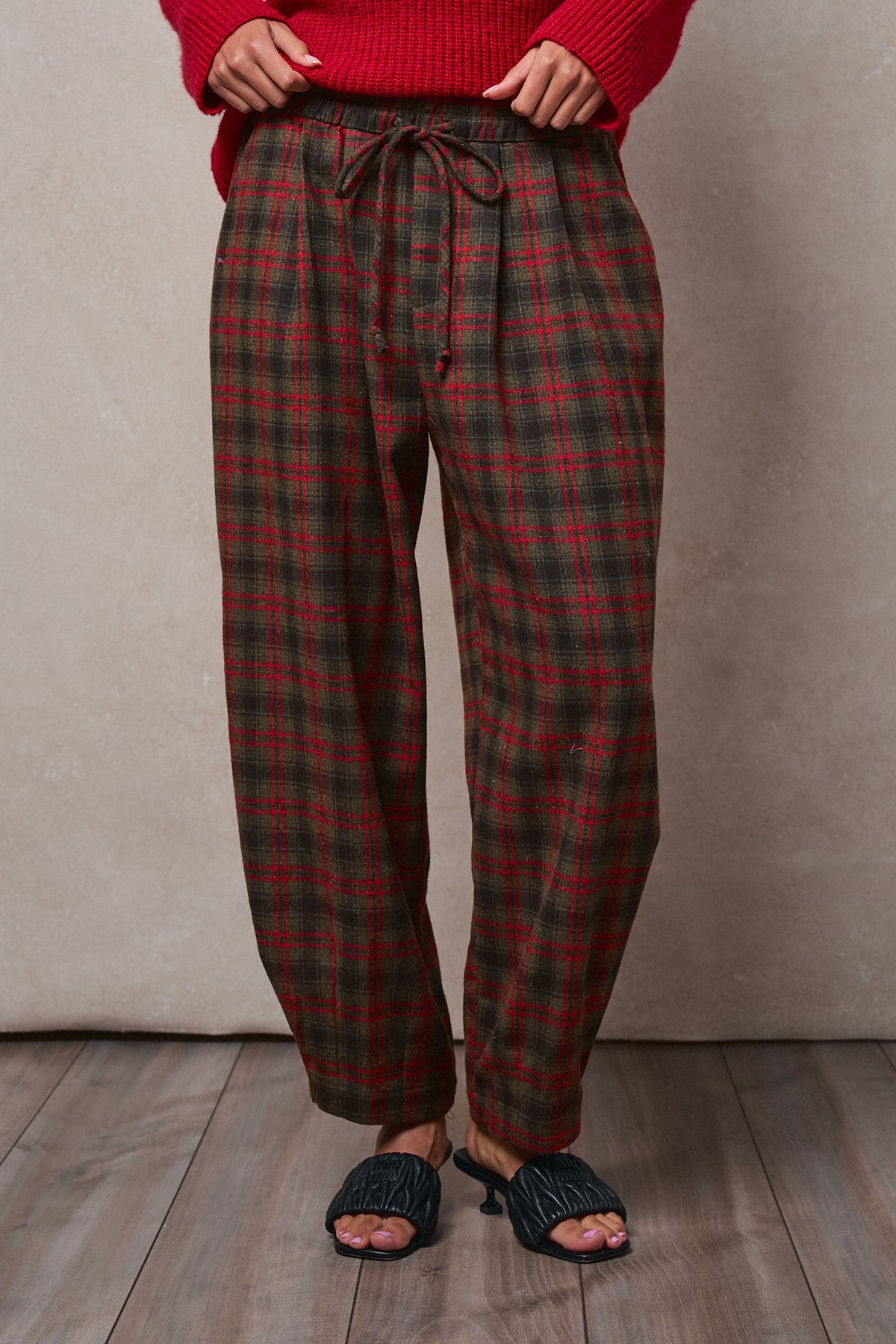 Plaid Drawstring Tapered Wool-Blend Pants - Women's Pants | Urban Daizy