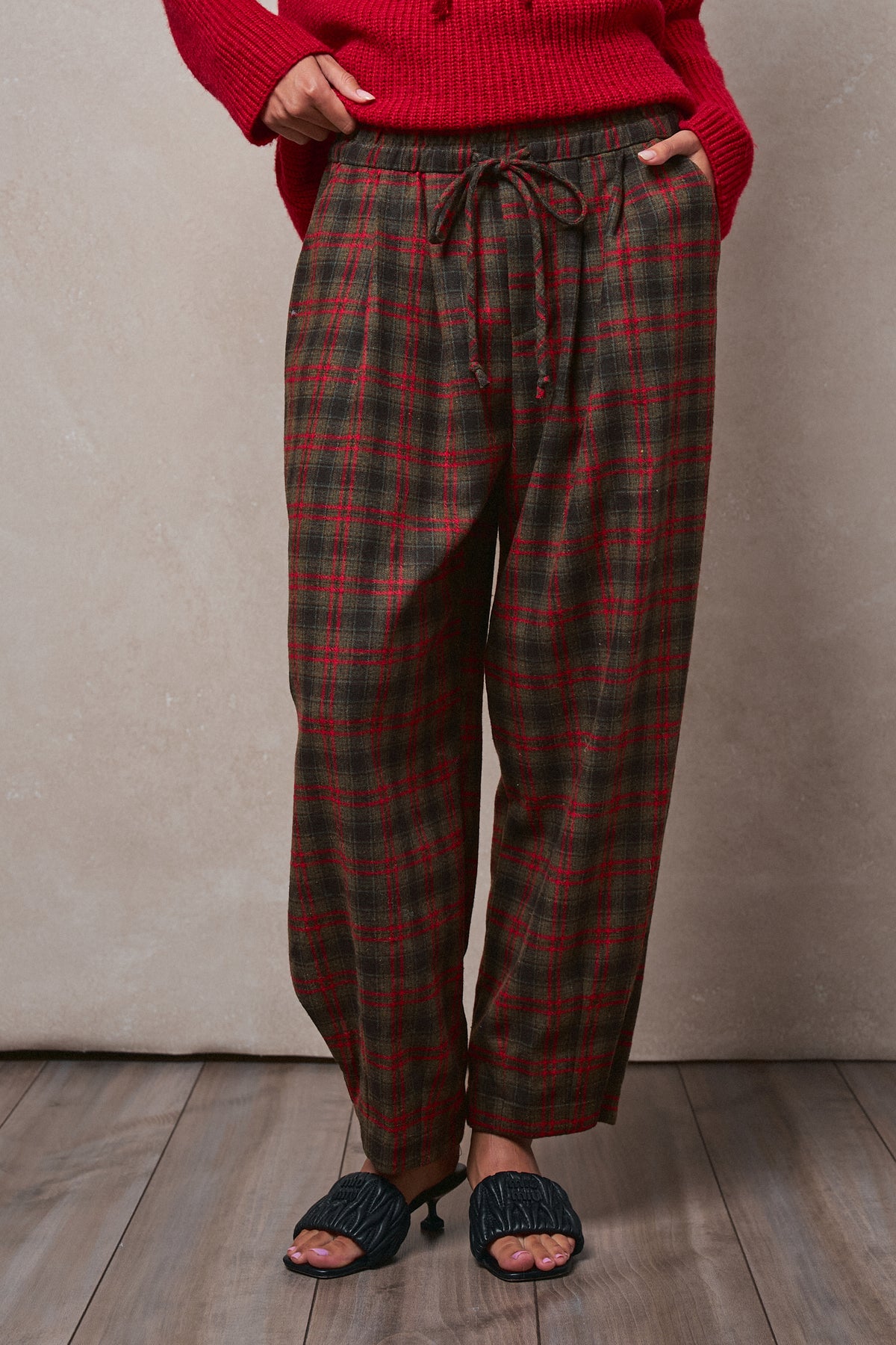 Plaid Drawstring Tapered Wool-Blend Pants - Women's Pants | Urban Daizy