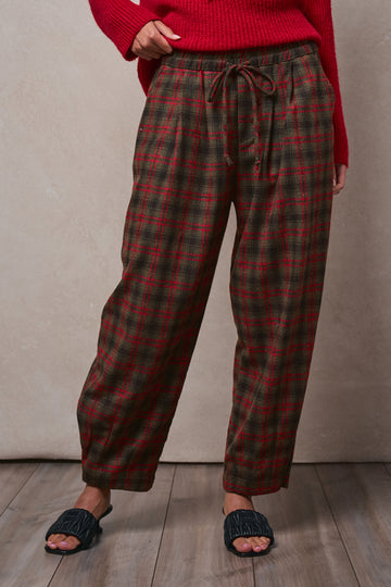 Plaid Drawstring Tapered Wool-Blend Pants