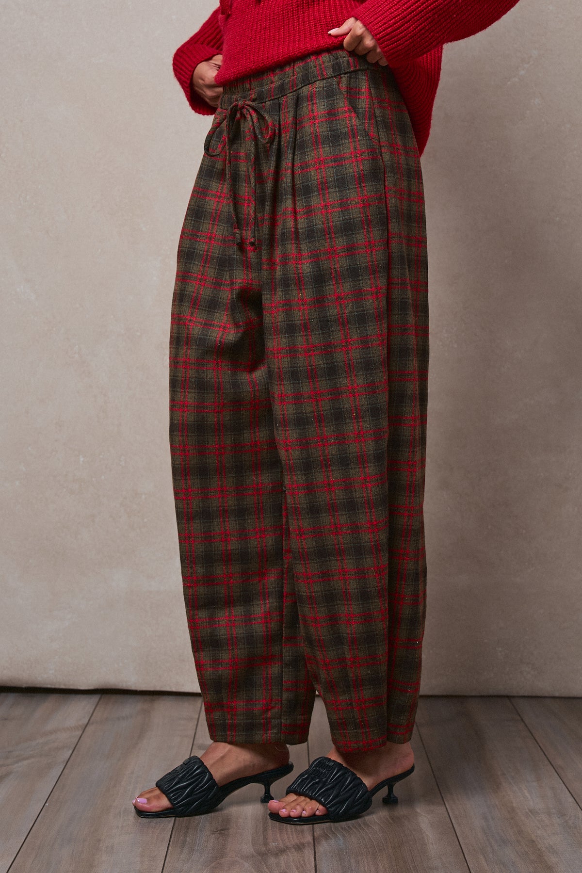 Plaid Drawstring Tapered Wool-Blend Pants - Women's Pants | Urban Daizy