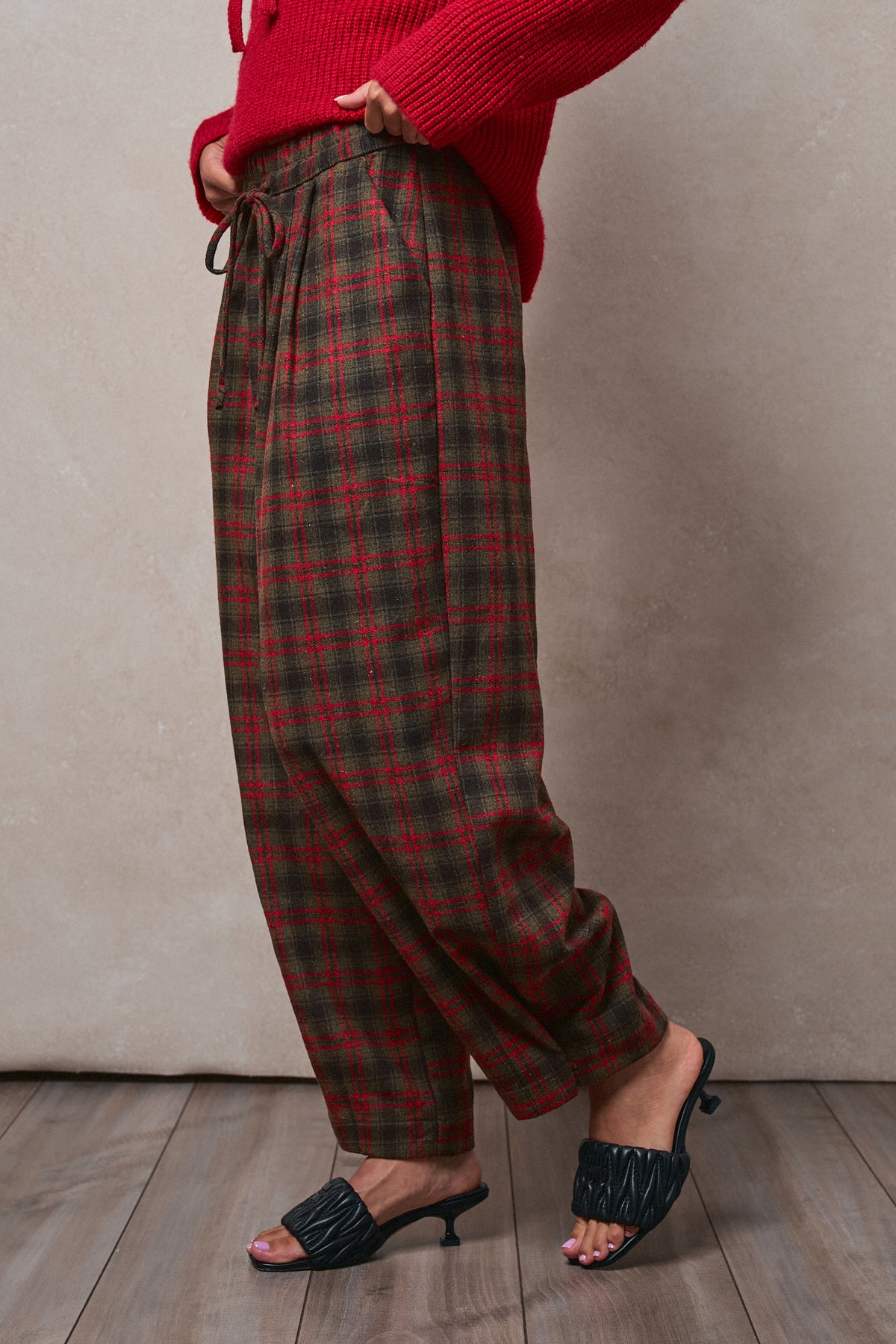 Plaid Drawstring Tapered Wool-Blend Pants - Women's Pants | Urban Daizy