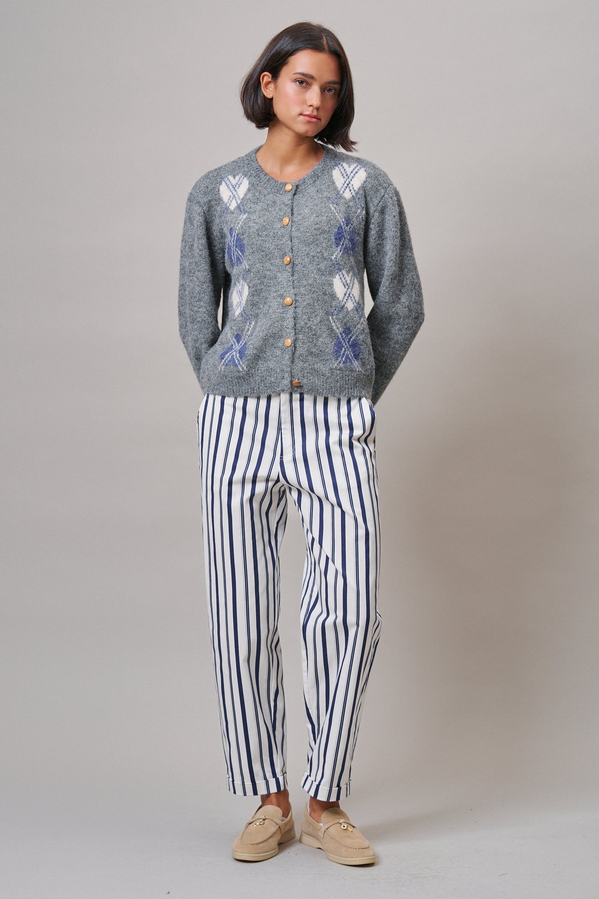 Navy Stripe Cropped Wide Leg Trousers in IVORY NAVY - Women's Pants | Urban Daizy