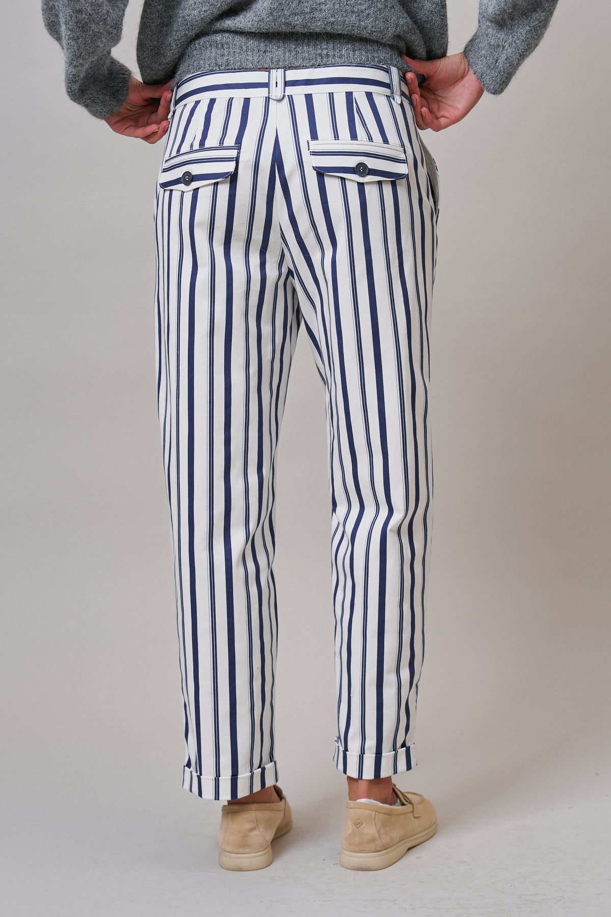 Navy Stripe Cropped Wide Leg Trousers in IVORY NAVY - Women's Pants | Urban Daizy