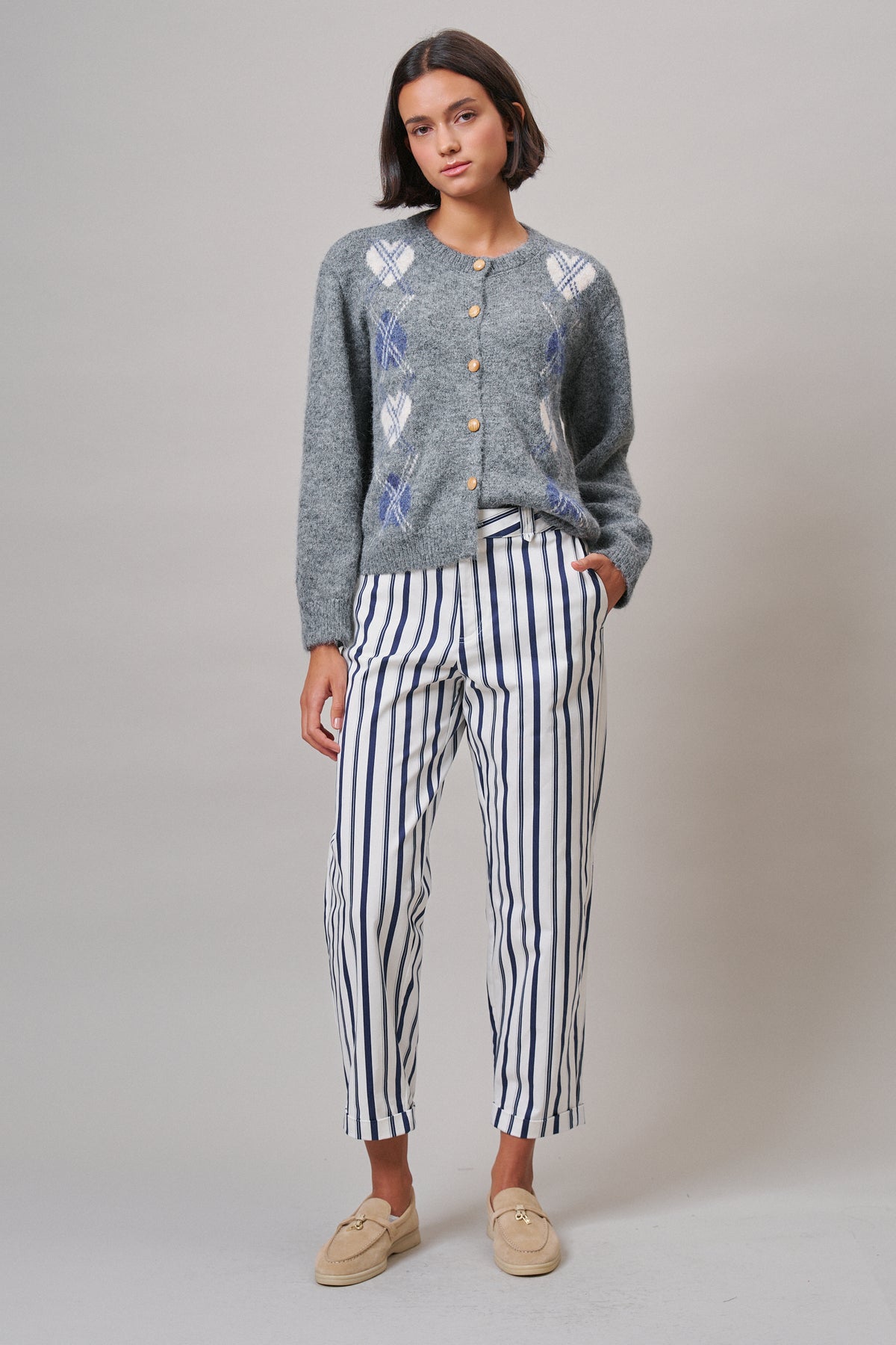 Navy Stripe Cropped Wide Leg Trousers in IVORY NAVY - Women's Pants | Urban Daizy