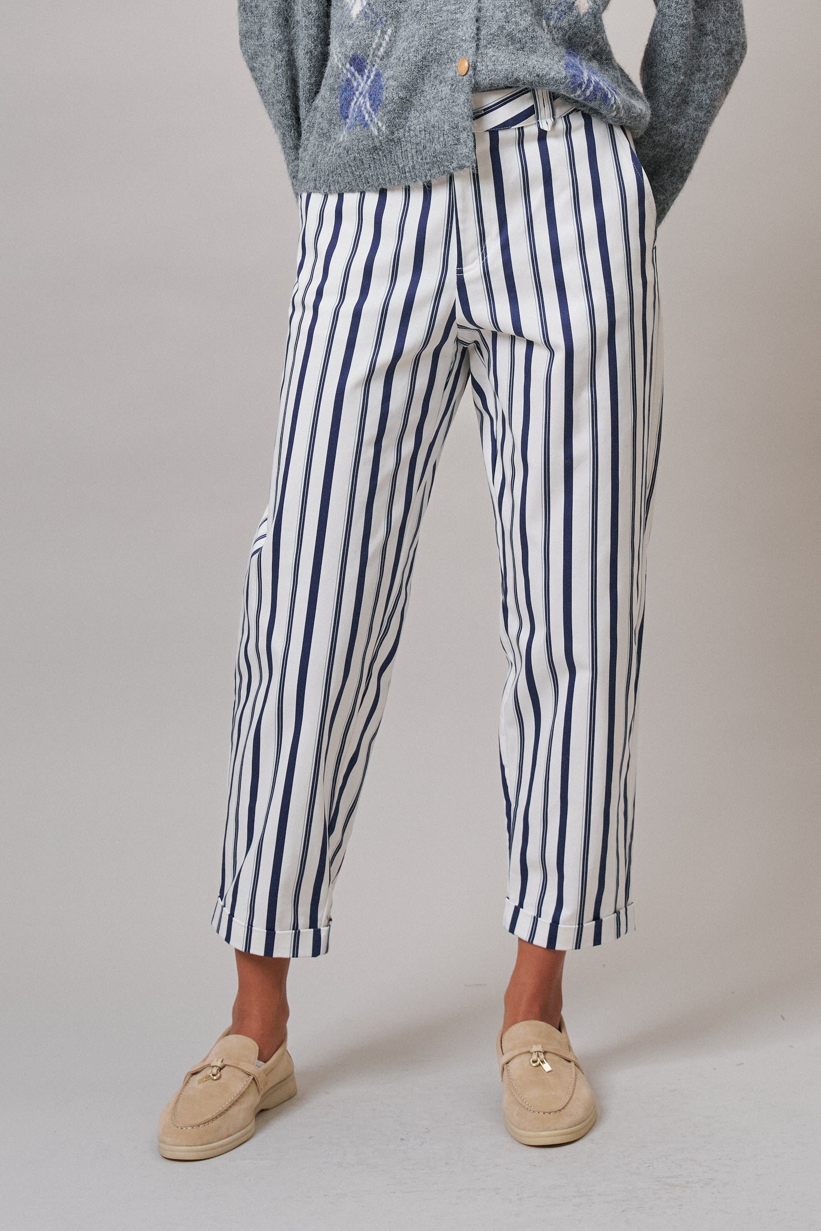 Navy Stripe Cropped Wide Leg Trousers in IVORY NAVY - Women's Pants | Urban Daizy