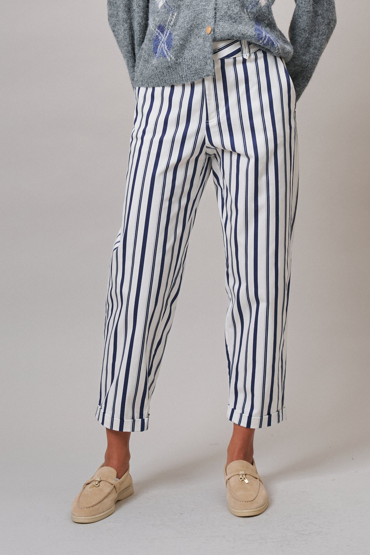 Navy Stripe Cropped Wide Leg Trousers in IVORY NAVY - Women's Pants | Urban Daizy