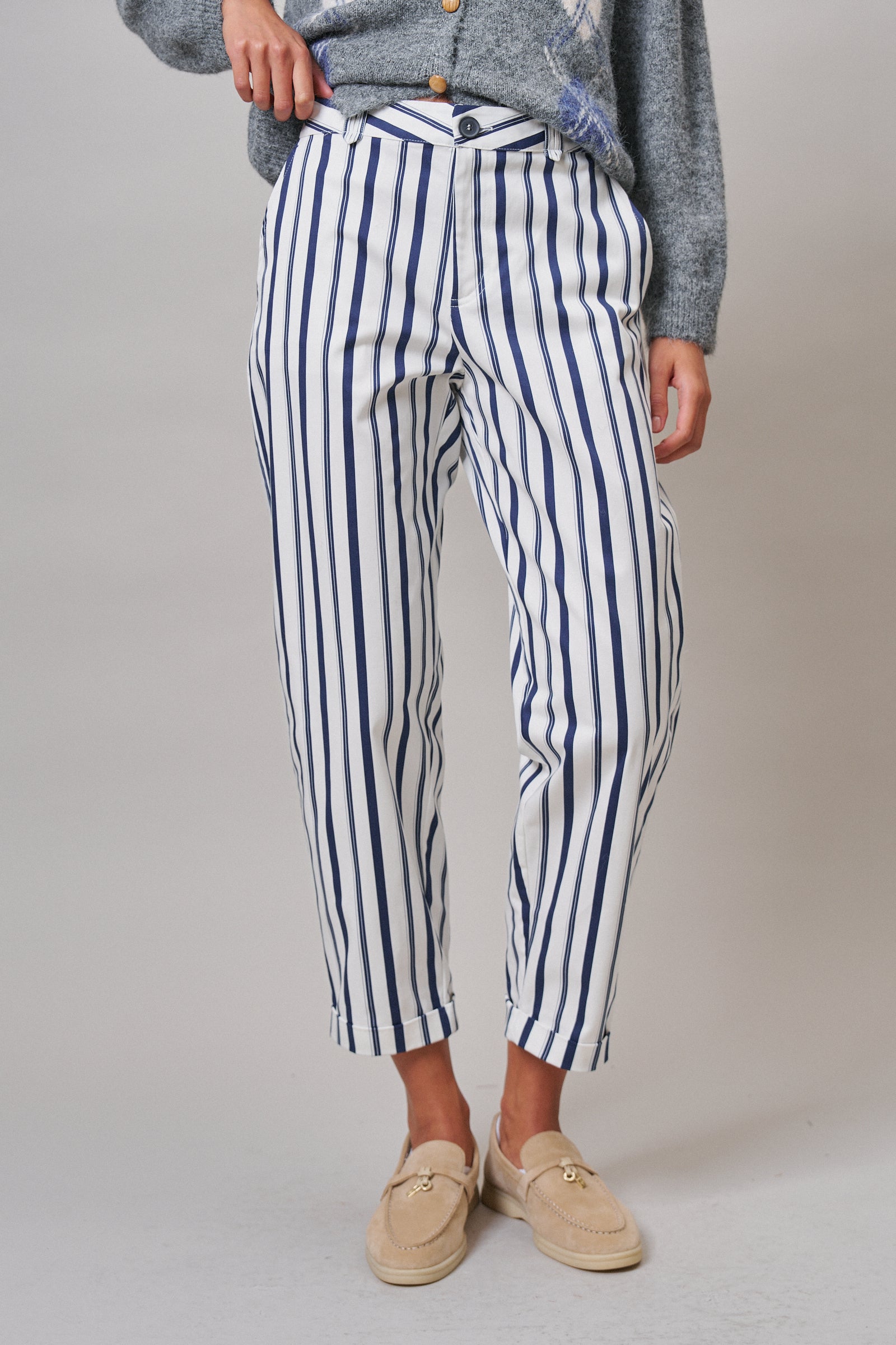 Navy Stripe Cropped Wide Leg Trousers in IVORY NAVY - Women's Pants | Urban Daizy