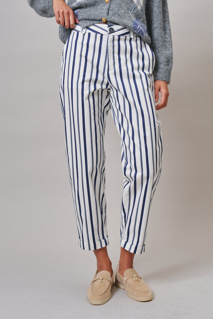 Navy Stripe Cropped Wide Leg Trousers in IVORY NAVY - Women's Pants | Urban Daizy
