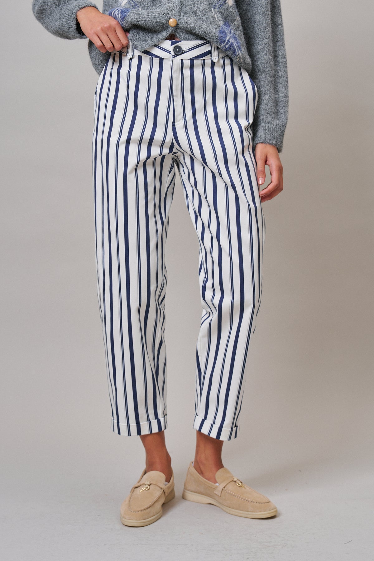 Navy Stripe Cropped Wide Leg Trousers in IVORY NAVY - Women's Pants | Urban Daizy