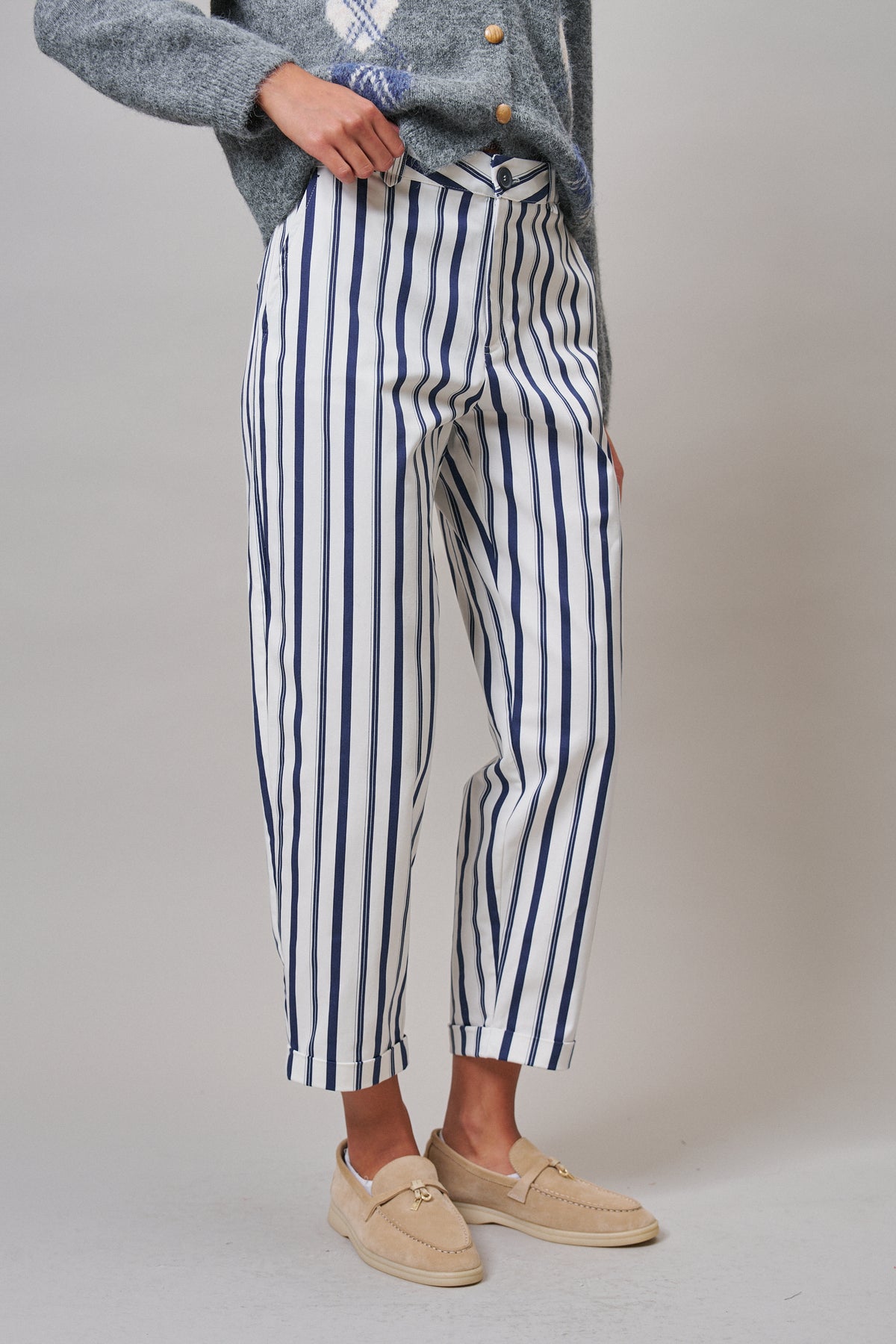 Navy Stripe Cropped Wide Leg Trousers in IVORY NAVY - Women's Pants | Urban Daizy